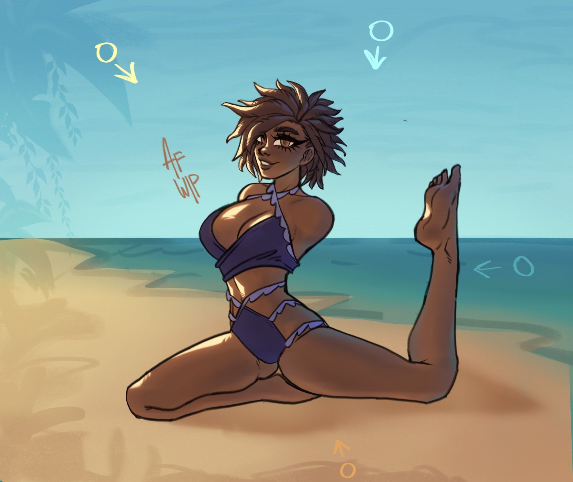 A wip of an armless black woman amputee lounging on the beach in a purple bikini.