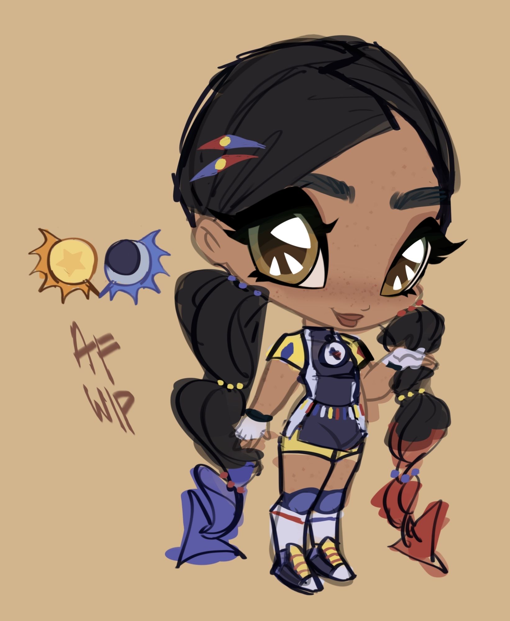 A wip of an indigenous pixie with black hair in braids and tan skin in an athletic suit with sneakers. Her color scheme is navy, white, and primary colors and she has beads in her hair as well as on her belt.