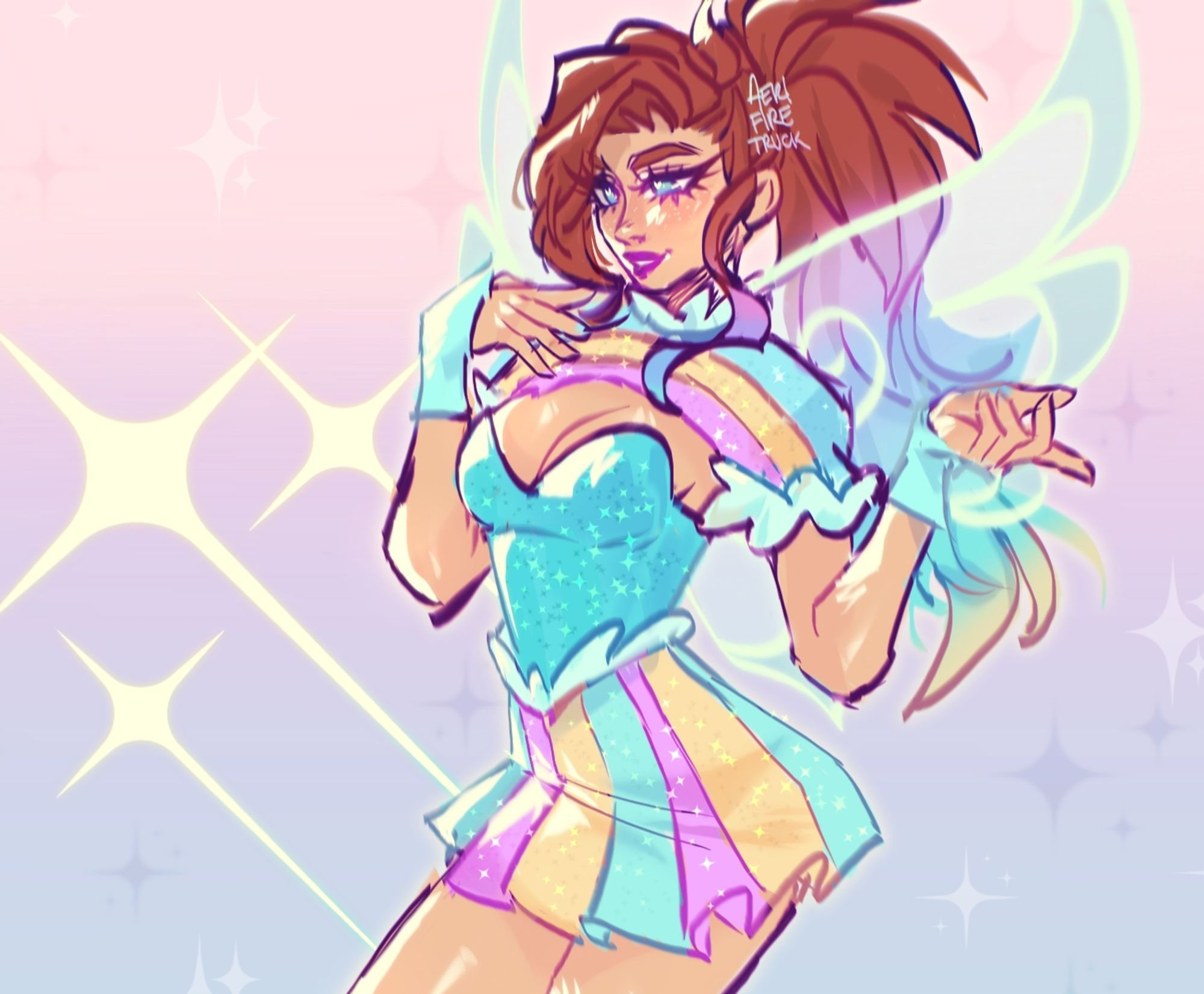 A brunette fairy in a blue top with a rainbow skirt and capelet poses over a sparkly background