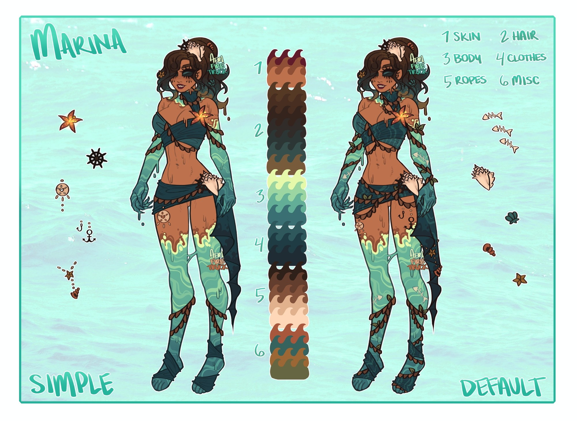 A ref sheet of Marina, a woman with brown skin, and teal ocean arms and legs. She wears a dark turquoise wraparound two piece with oceanic inspired accessories, such as ropes, shells, sand dollars, and fishing hooks.