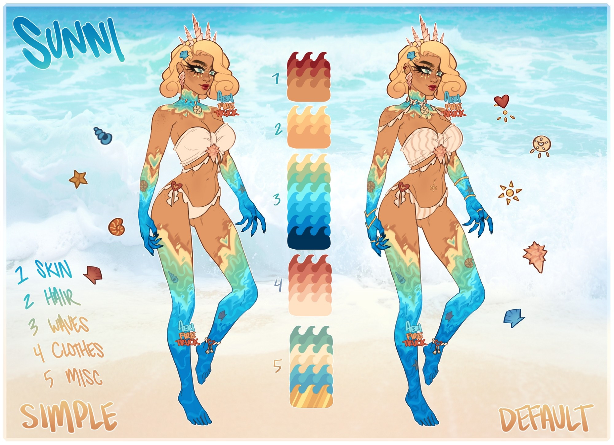 A refsheet of Sunni, a woman with tan skin and Marilyn Monroe inspired blonde curly hair. She wears a cream bikini and has yellow-green-blue limbs in the color gradient of the ocean. She wears accessories such as shells, sand dollars, and gold rings.