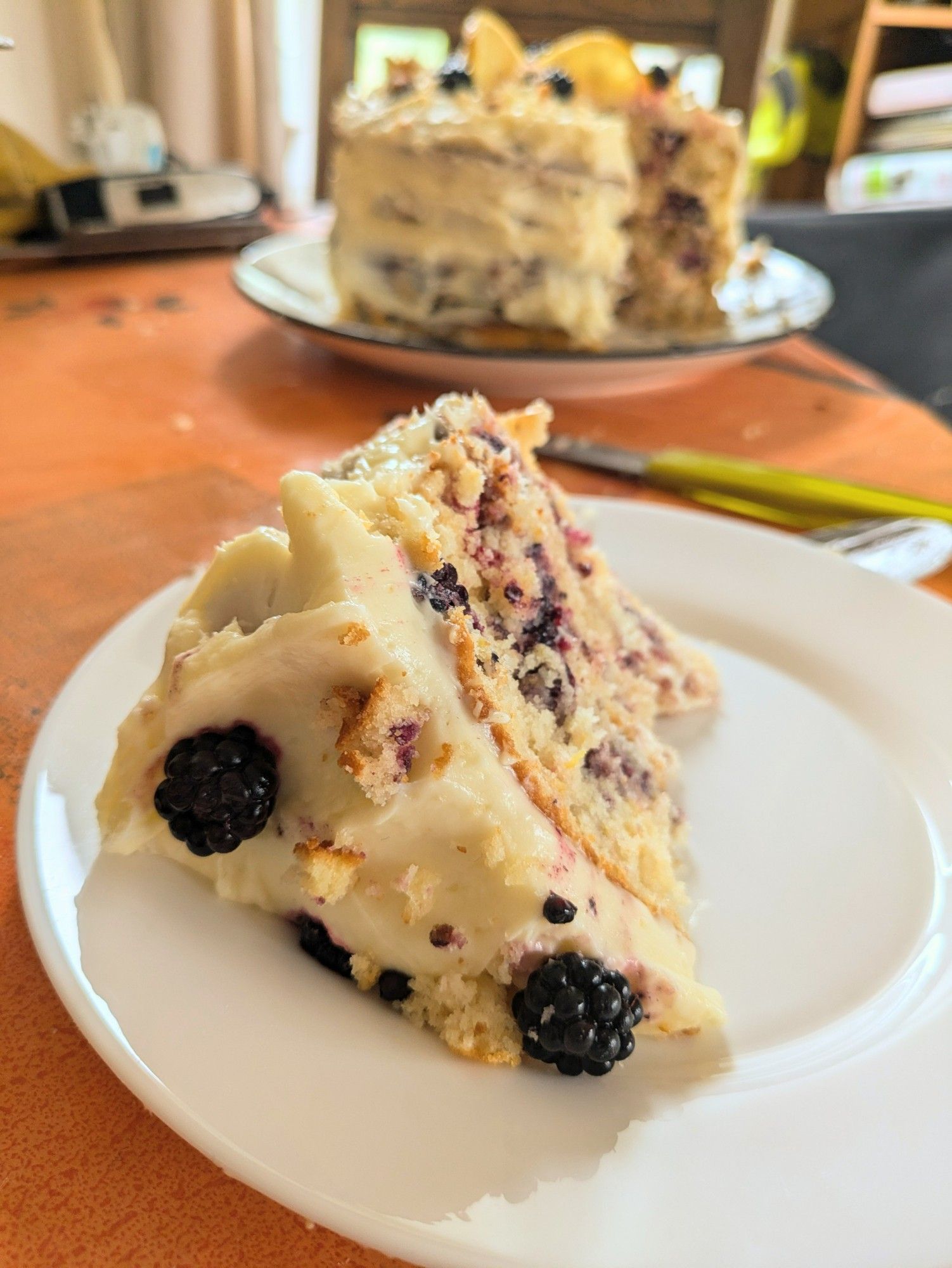 A slice of the aforementioned cake on a plate