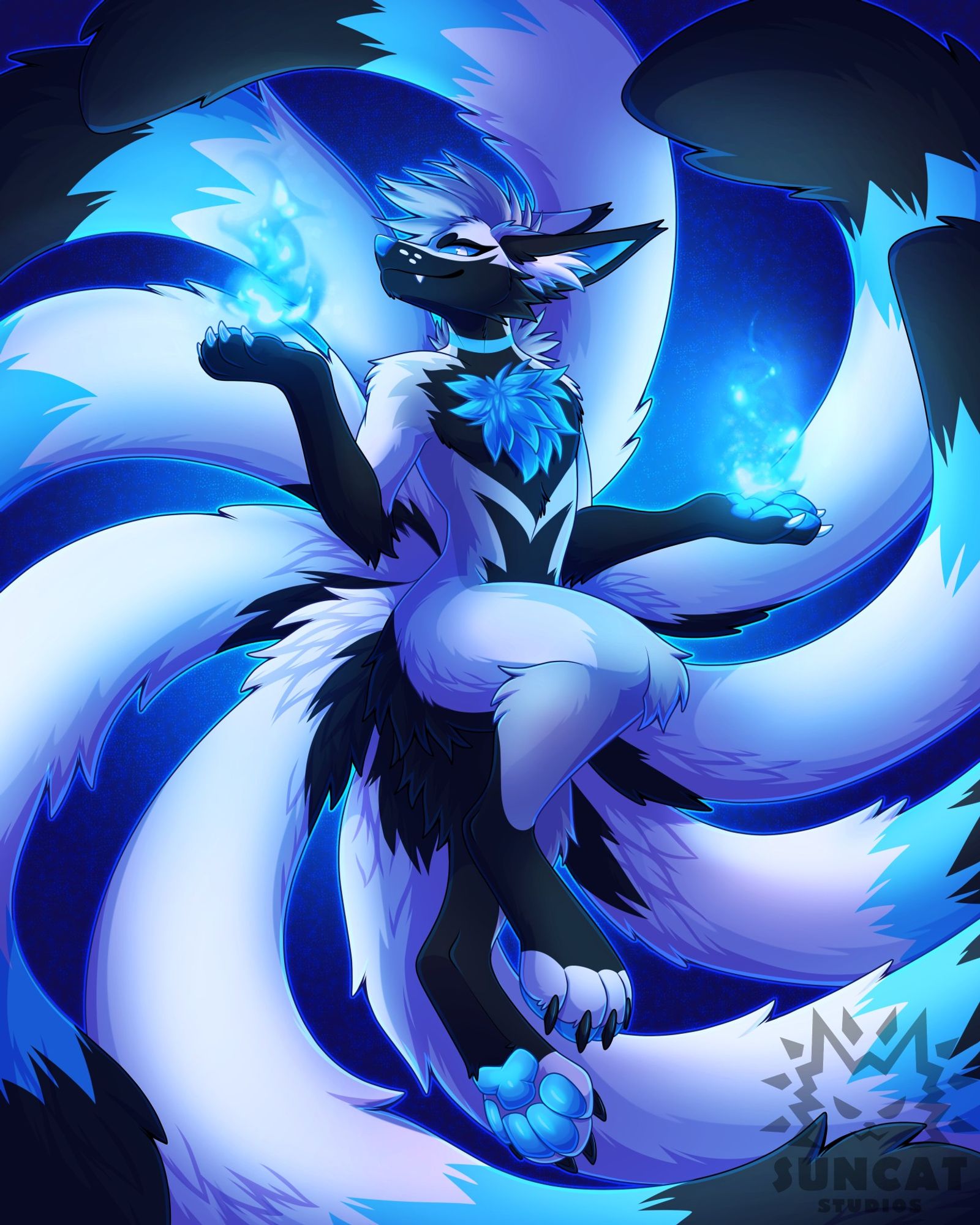 A silver, blue and black kitsune wielding fire on both his paws. His tails are fanned around him to fill up the canvas.