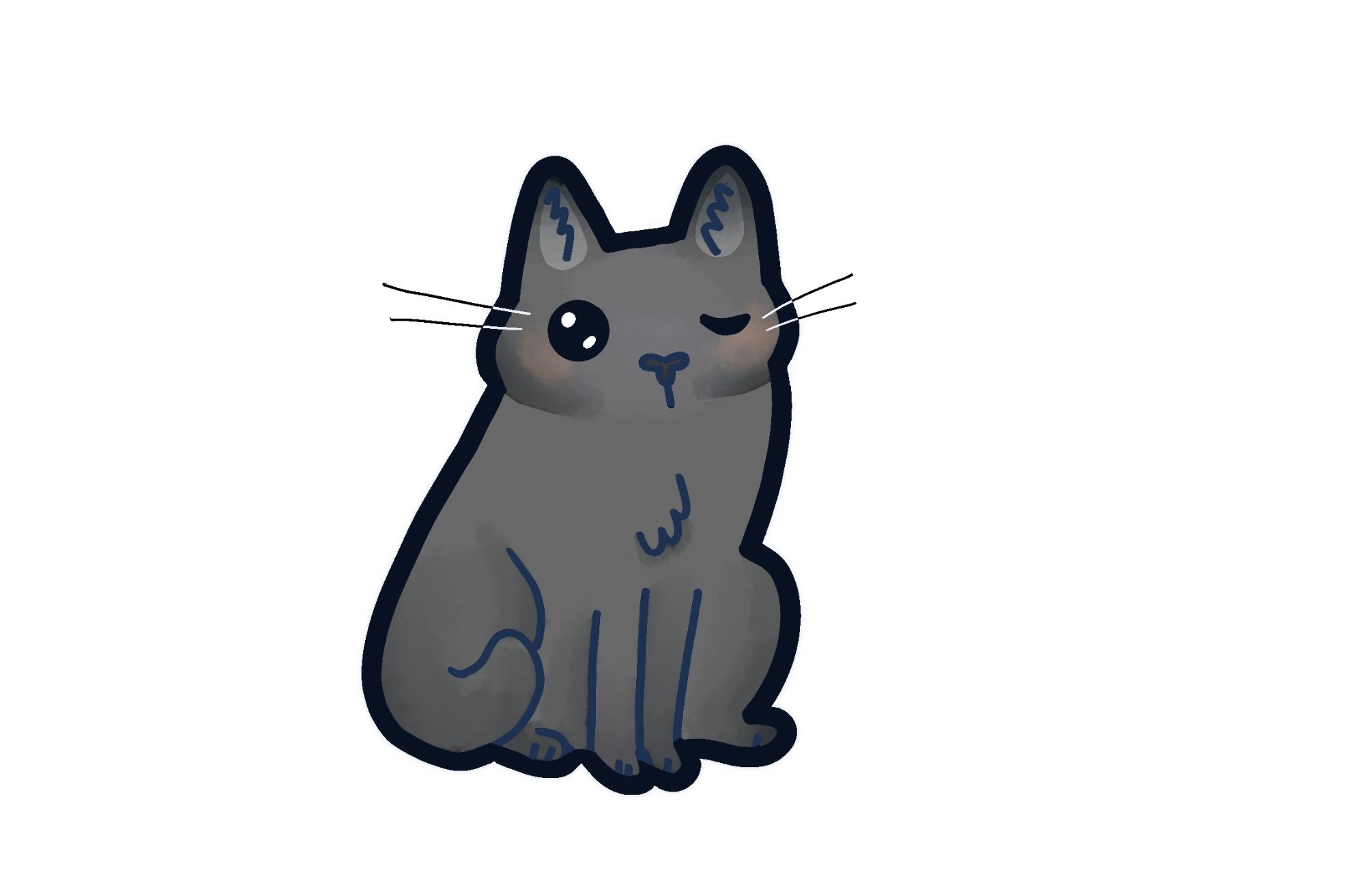 A digital illustration of Pipers black cat Binx, who is missing one eye. In the picture, Binx is sat with his two paws in front of him and his tail is flicked up in front of him.