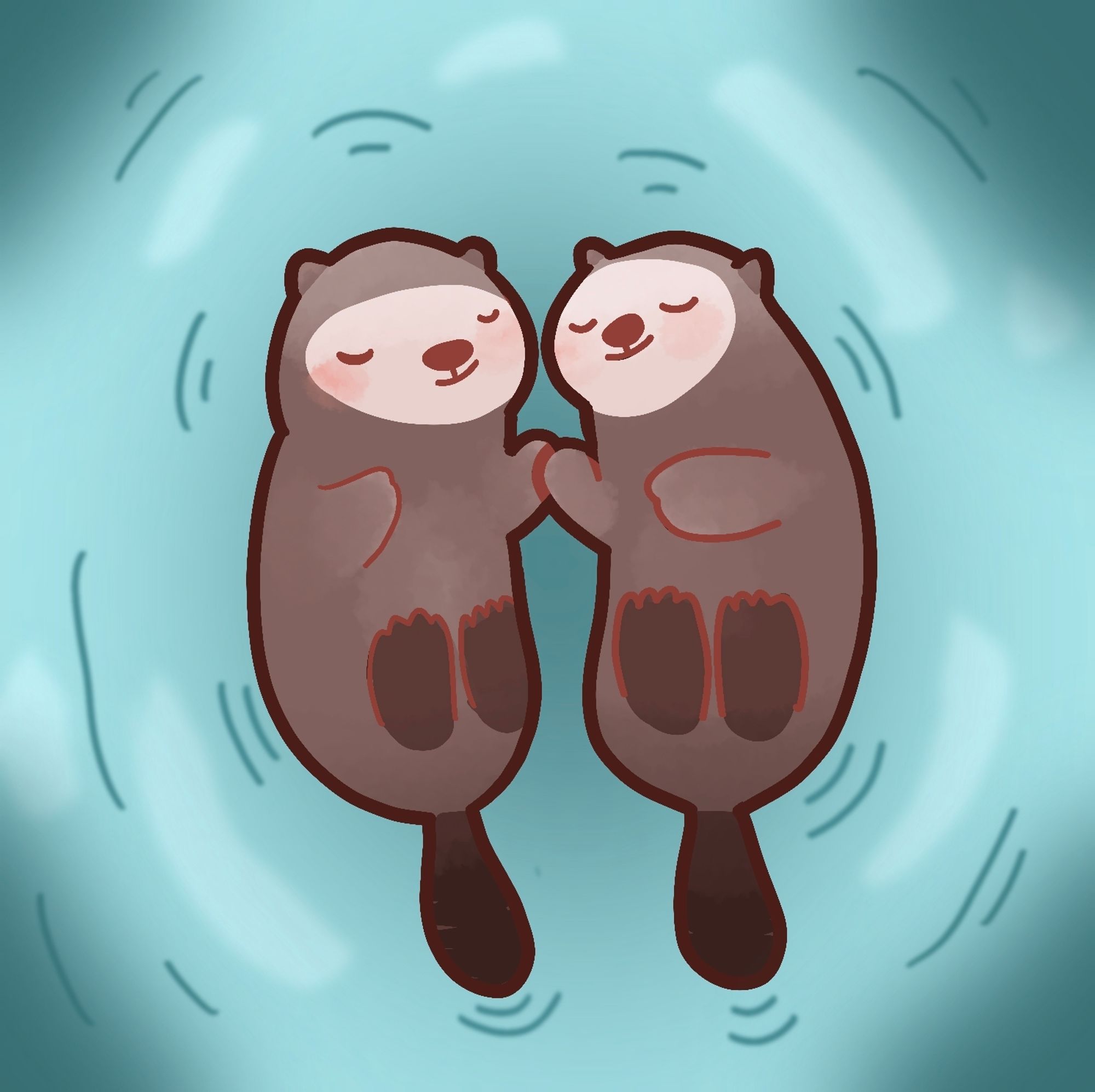 A digital illustration of two otters holding hands while sleeping. It's drawn in a very simplified style with soft colours. The otters are lying on a body of water and ripples radiate from them.