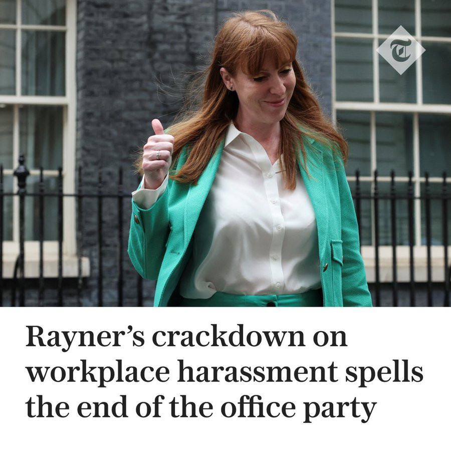 A Telegraph article headlined "Rayner's crackdown on workplace harassment spells the end of the office party" accompanied by a picture of Angela Rayner