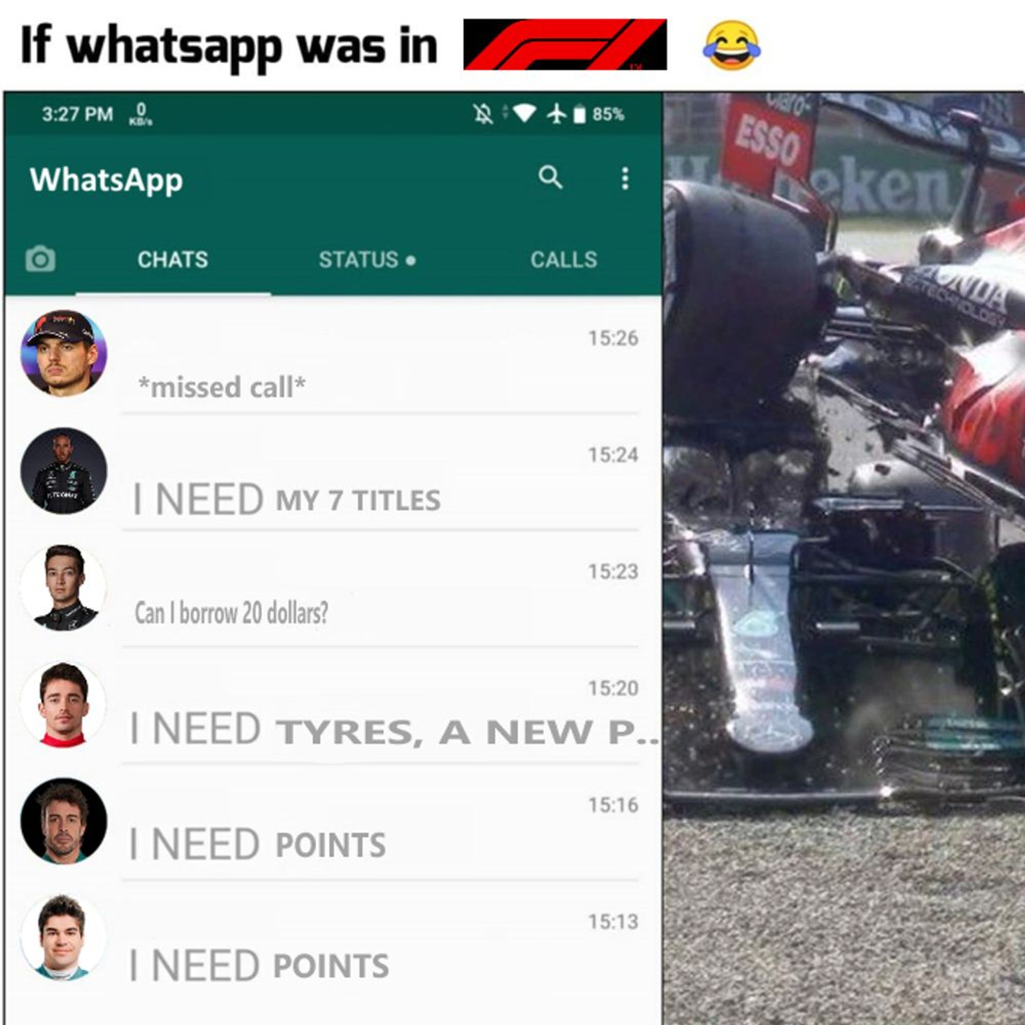 if f1 was in whatsapp meme i made a while ago
from top to bottom: max verstappen, lewis hamilton, goerge russel, charles leclerc, fernando alonso, lance stroll
the side image is the famous hamilton verstappen crash at monza