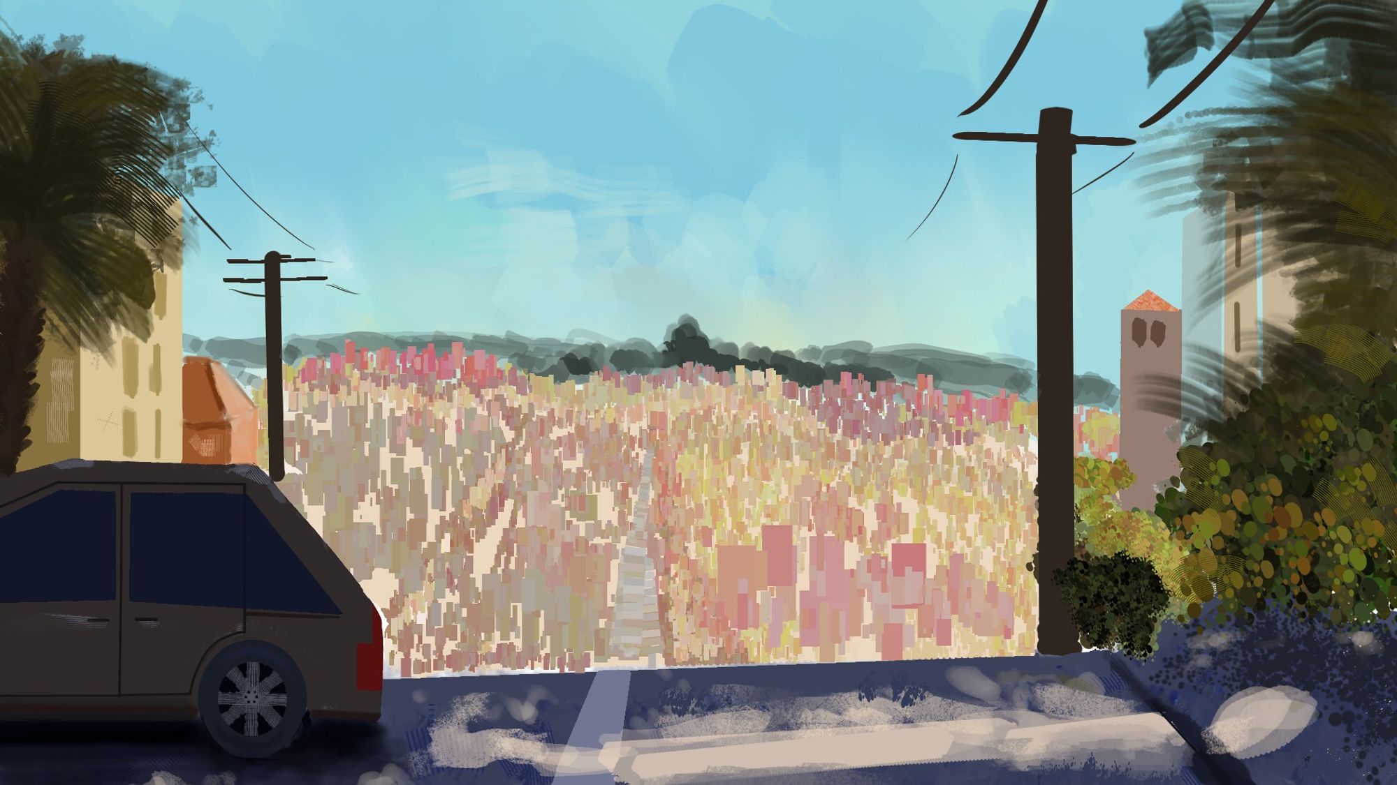 a sunny streetside shaded by trees overlooking a city and some mountains. There is a minivan like car in the foreground #art #illustration #backgroundart