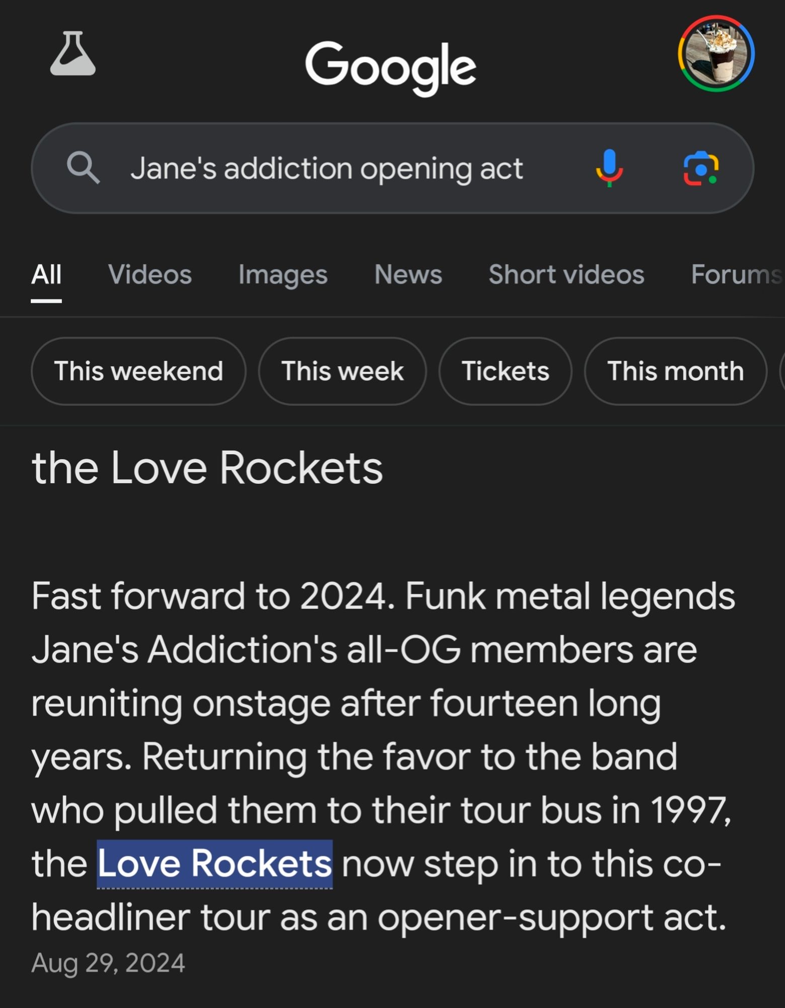 Google result claiming "The Love Rockets" are opening for Jane's Addiction