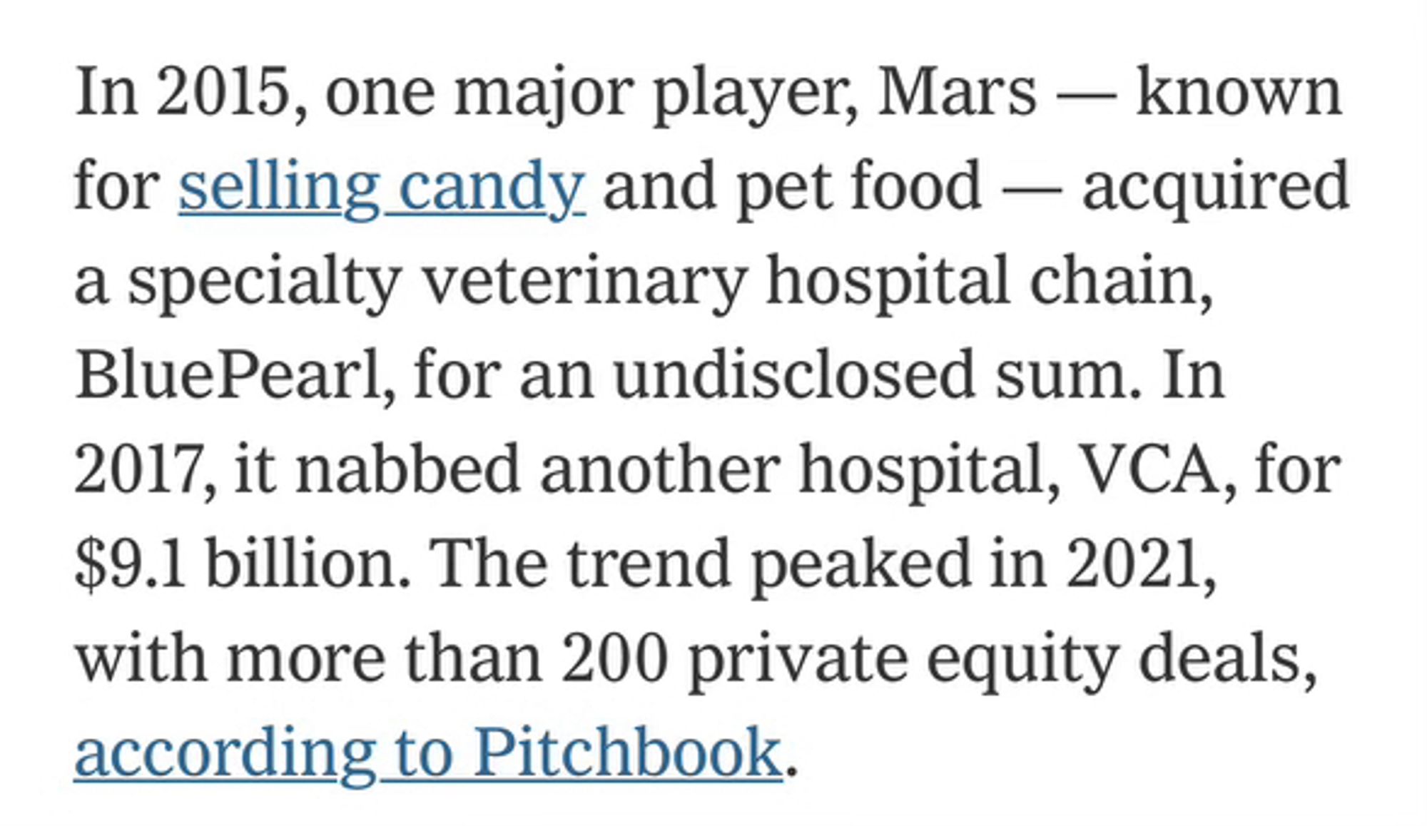 In 2015, one major player, Mars - known for selling candy and pet food - acquired a specialty veterinary hospital chain, BluePearl, for an undisclosed sum. In 2017, it nabbed another hospital, VCA, for $9.1 billion. The trend peaked in 2021, with more than 200 private equity deals, according to Pitchbook.