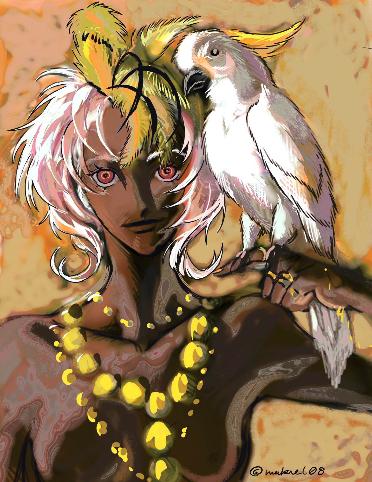 a drawing of roxy lalonde, a character from homestuck standing in front of a mustard yellow backdrop. She is dark/skinned with shining white hair with yellow feathers with black streaks on her head. she is wearing nothing but 3 golden necklaces around her neck and 4 golden rings on her hand where a yellow parakeet, a white bird with yellow head feathers sit.