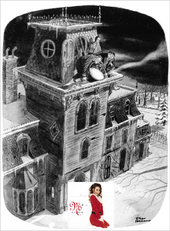 A Charles Addams illustration featuring the Addams Family atop their house tipping a cauldron of some foul liquid onto what was originally carolers, but i have covered them with the cover to Mariah Carey's Christmas album.