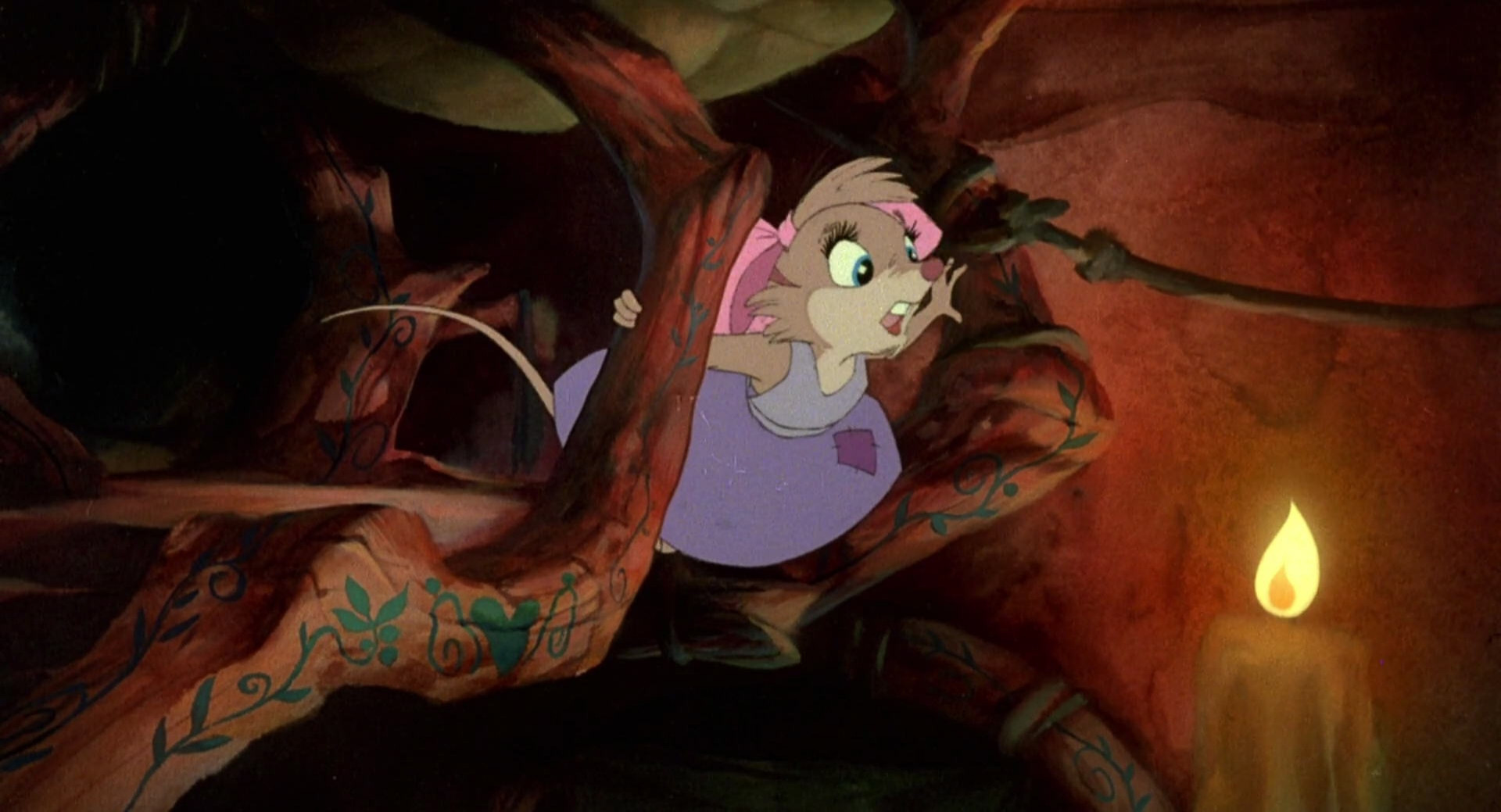 Still from the animated movie "The Secret of NIMH": Teresa Brisby (voiced by Shannen Doherty; a young field mouse wearing an old purple dress with a pink bowtie between her ears) in the Brisby home.