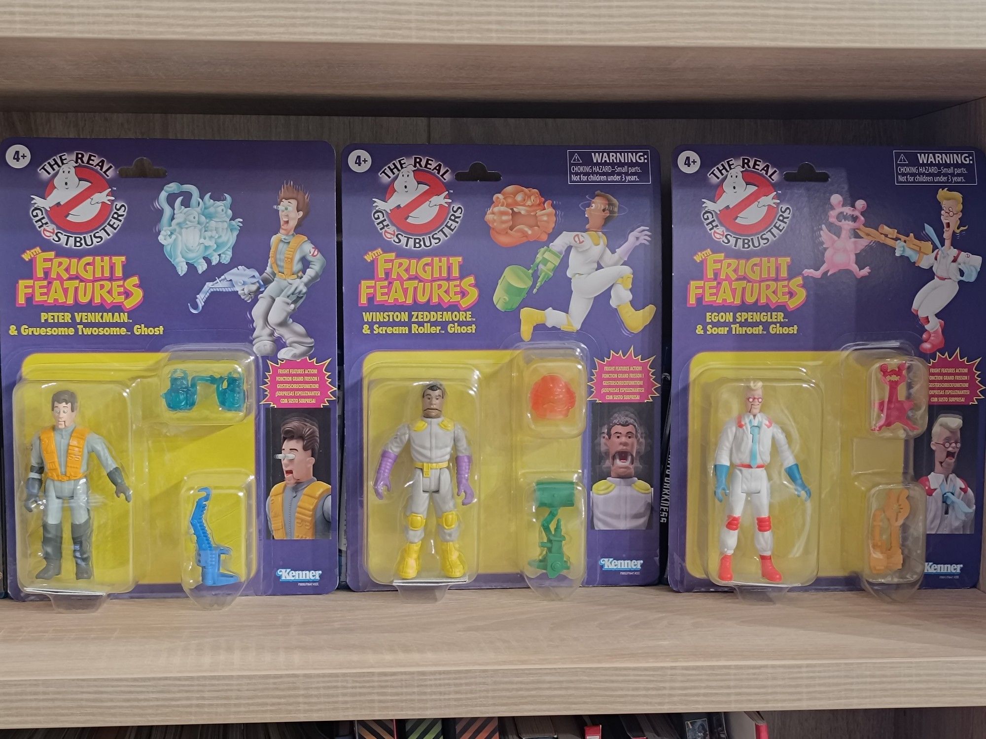 The Real Ghostbusters re-issue with Fight Features by Kenner/Hasbro, still in box. From left to right: Peter, Winston, and Egon.