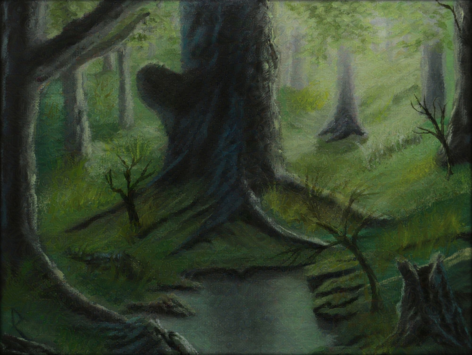 8”x10” oil painting of a large tree in a dark forest, with shafts of light shining through the trees. A small pond sits in the center.