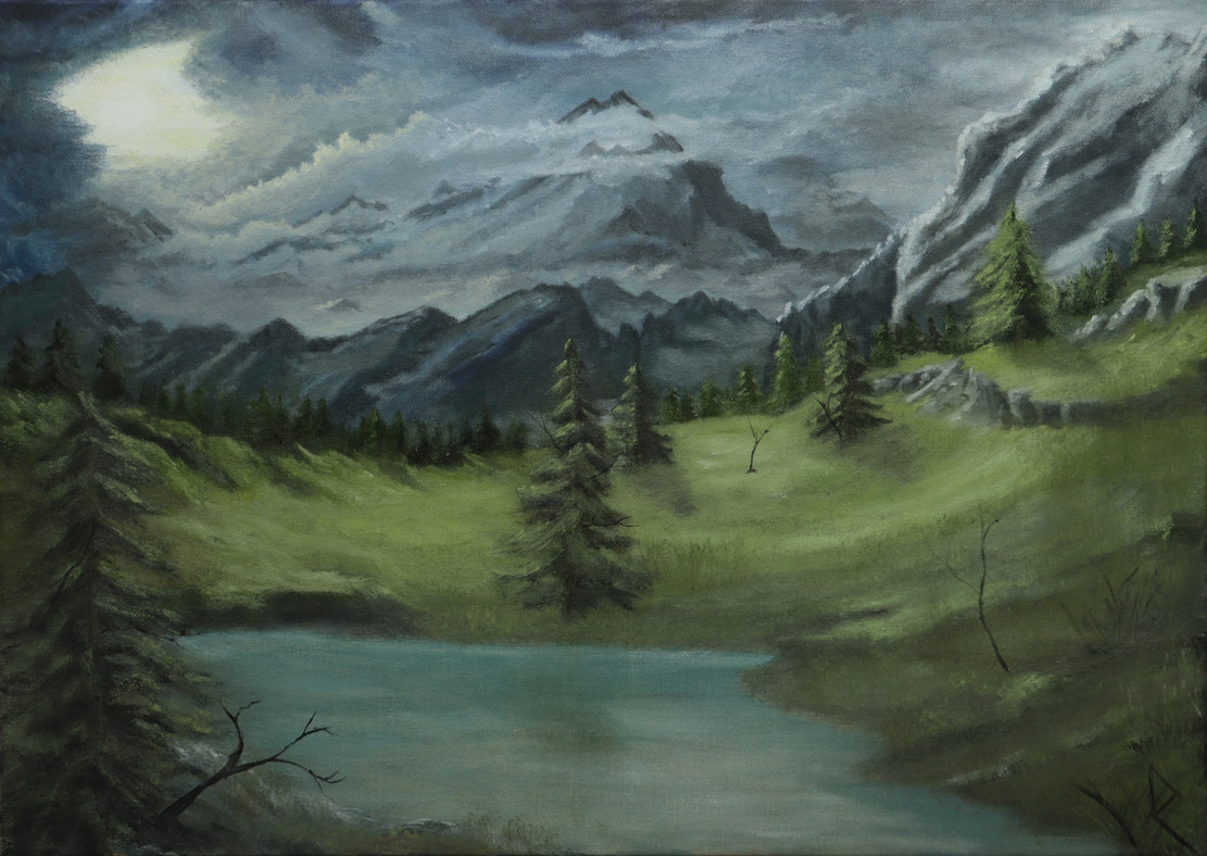 18”x24” oil painting of dark, jagged mountains amongst a cloudy, stormy sky. The clouds are sweeping across the largest mountain in the center of the painting. A break in the clouds from the upper-left casts a semi-golden light down on the landscape. Pine trees and a shallow pond sit in the foreground.