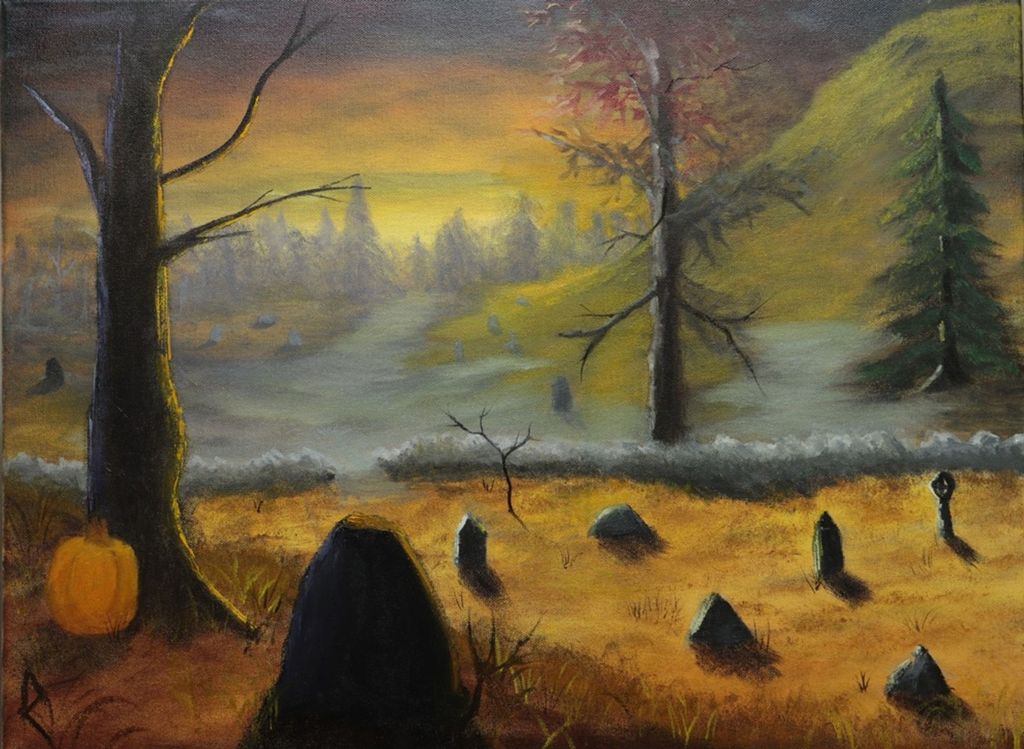 18”x24” oil painting of a graveyard in autumn among a hilly landscape. The sky has yellows, reds, oranges and purples of sunset. A pumpkin sits against a large, bare tree, with gravestones dotting the landscape and into the distance. Grey fog creeps along parts of the ground.