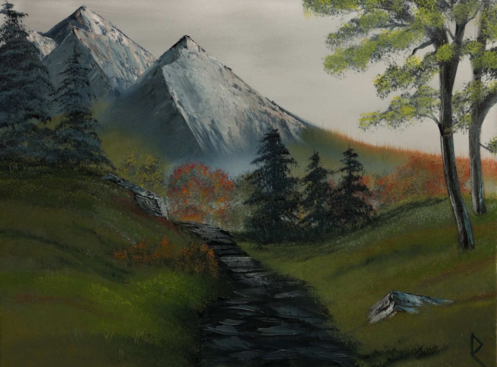 Oil painting of a stony path through some autumn woods and pines, leading to some rocky mountains beneath an overcast sky.