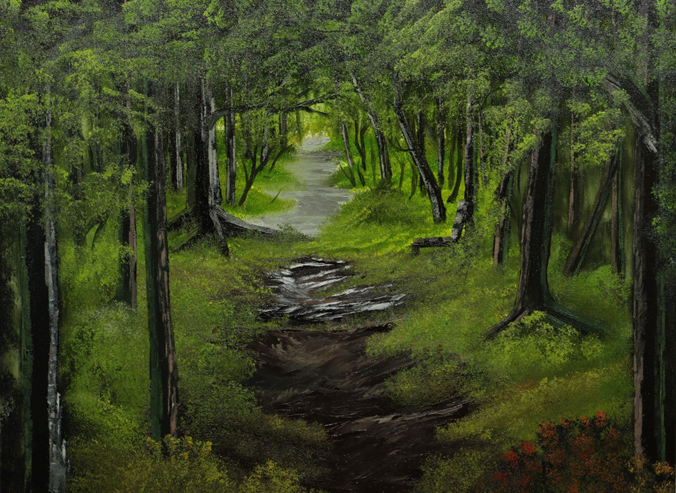 Oil painting on 18"x24" canvas, inspired by a posted photo from @chuckwendig.bsky.social. A woodland path covered by a canopy of branches and leaves.