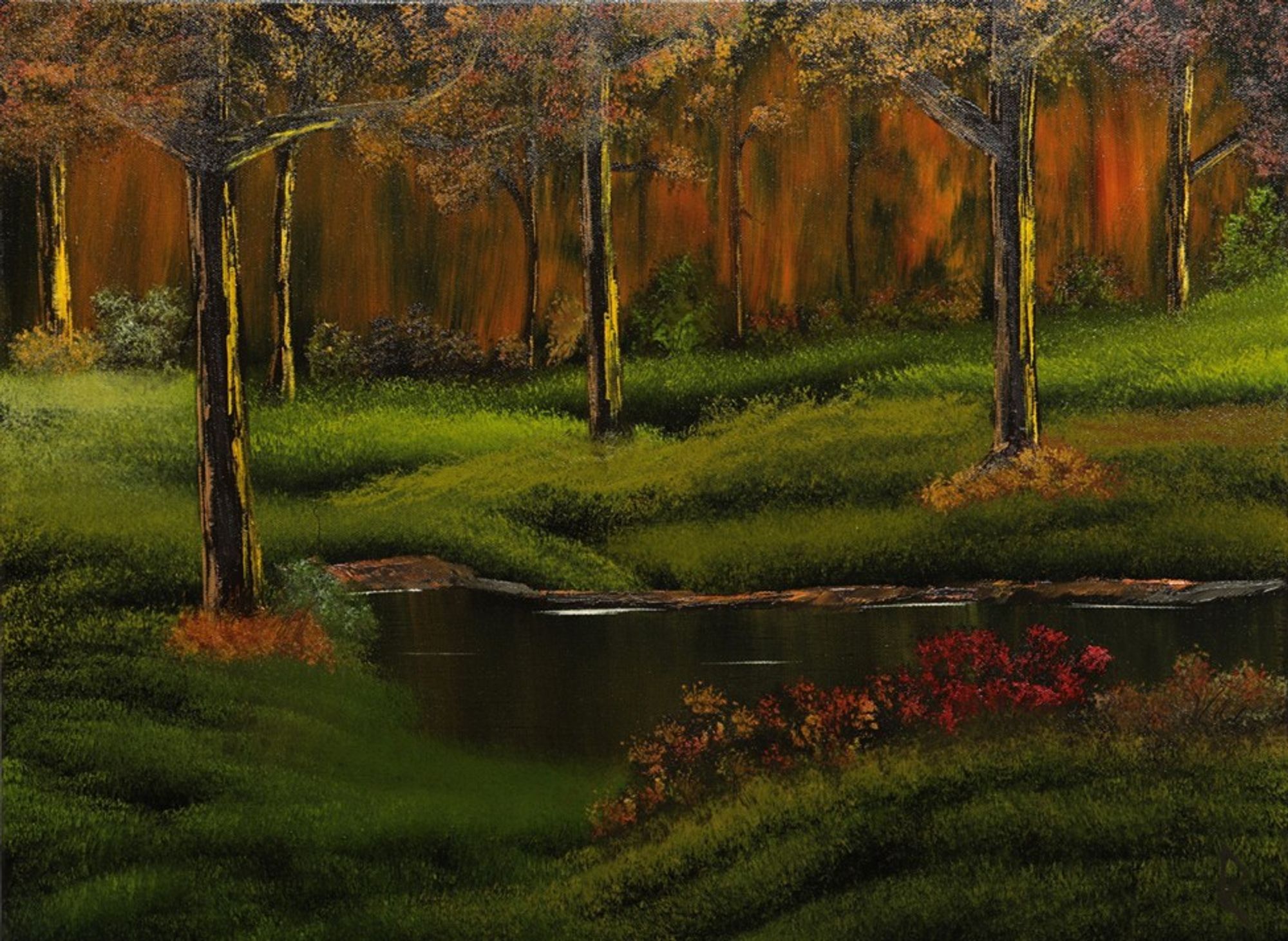 Oil painting of a deep forest in autumn, on 18-inch by 24-inch canvas. Background forest showing fall colors in orange and red, with closer distinct trees in various shades of yellow, red, brown and orange. Colorful mossy-green fields with some fall bushes. A tranquil pond settles in the middle.