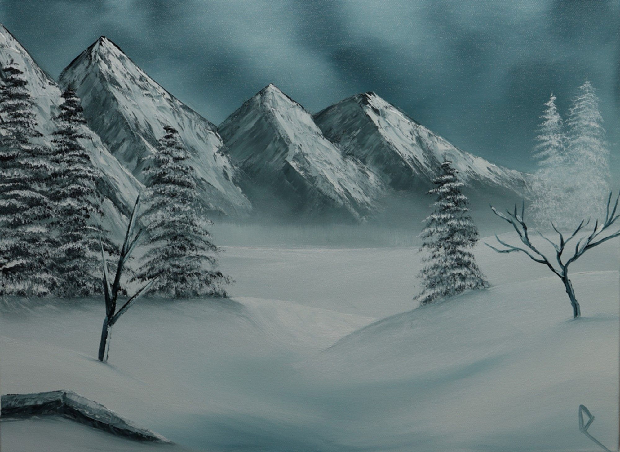 Oil painting of a snowy landscape, on 18-inch by 24-inch canvas. Snowy fields and a mountain range with frosty, snow-covered pines and bare branches. A dark sky threatens more winter weather to come.