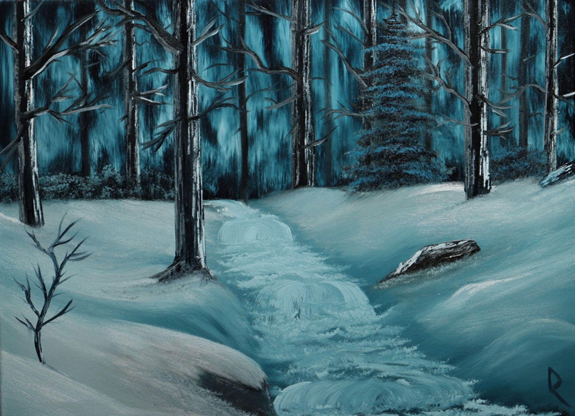 "Azure Forest", oil painting of a winter forest and stream, on 18"x24" canvas. An array of frosty blues and whites, with an icy, shallow stream running through the center.