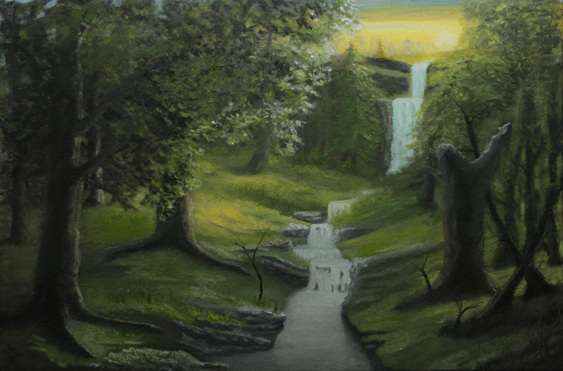 “Sunset Falls”, an 18”x24” oil painting of a sunset over a waterfall, with a stream cutting through a sunlit forest and heavy shadows.