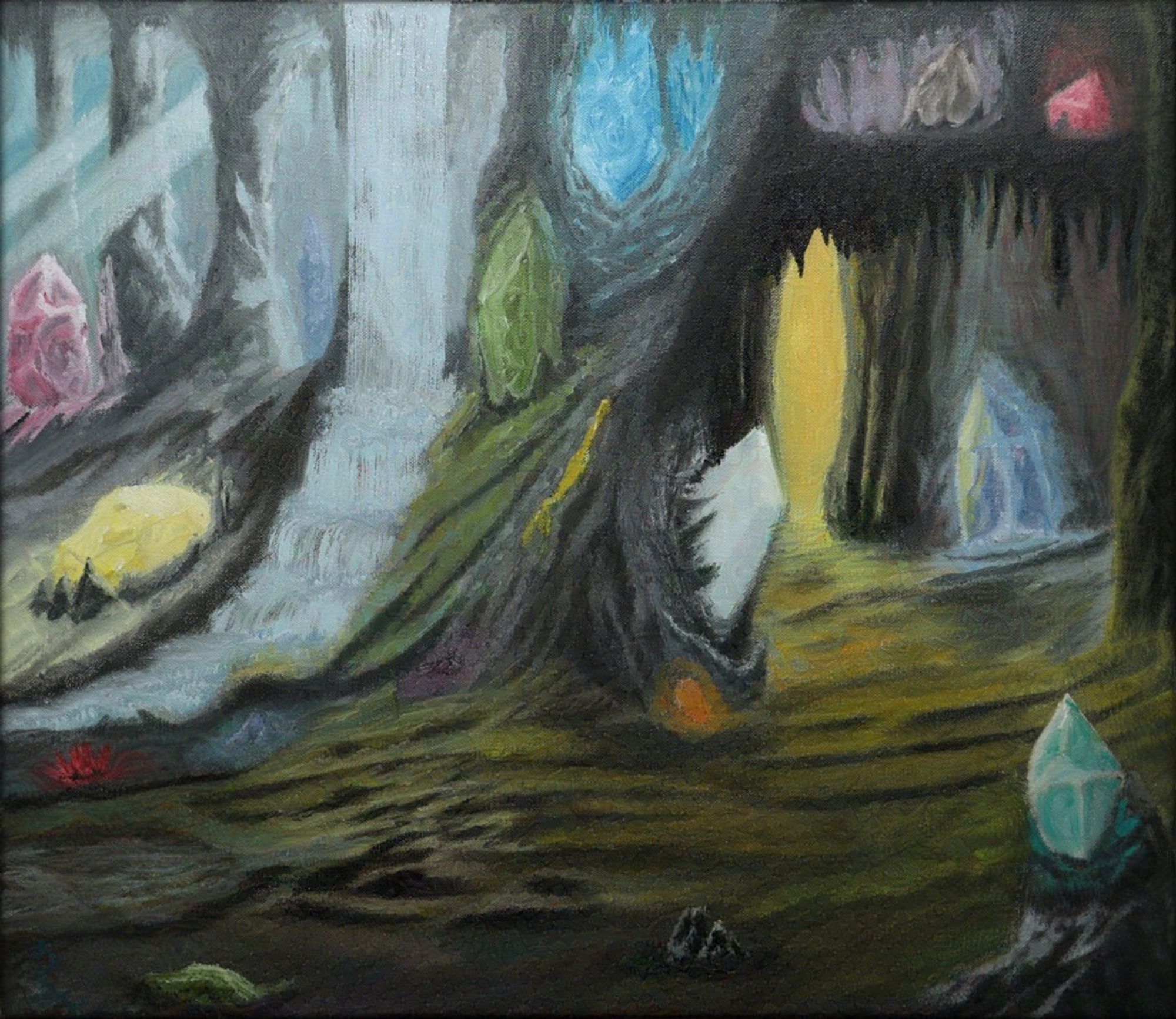 “Crystal Caverns”, an 18”x24” oil painting depicting a cave with colorful crystals in the ground and walls. A waterfall cascades in the background, and shafts of light show in between columns of rock.