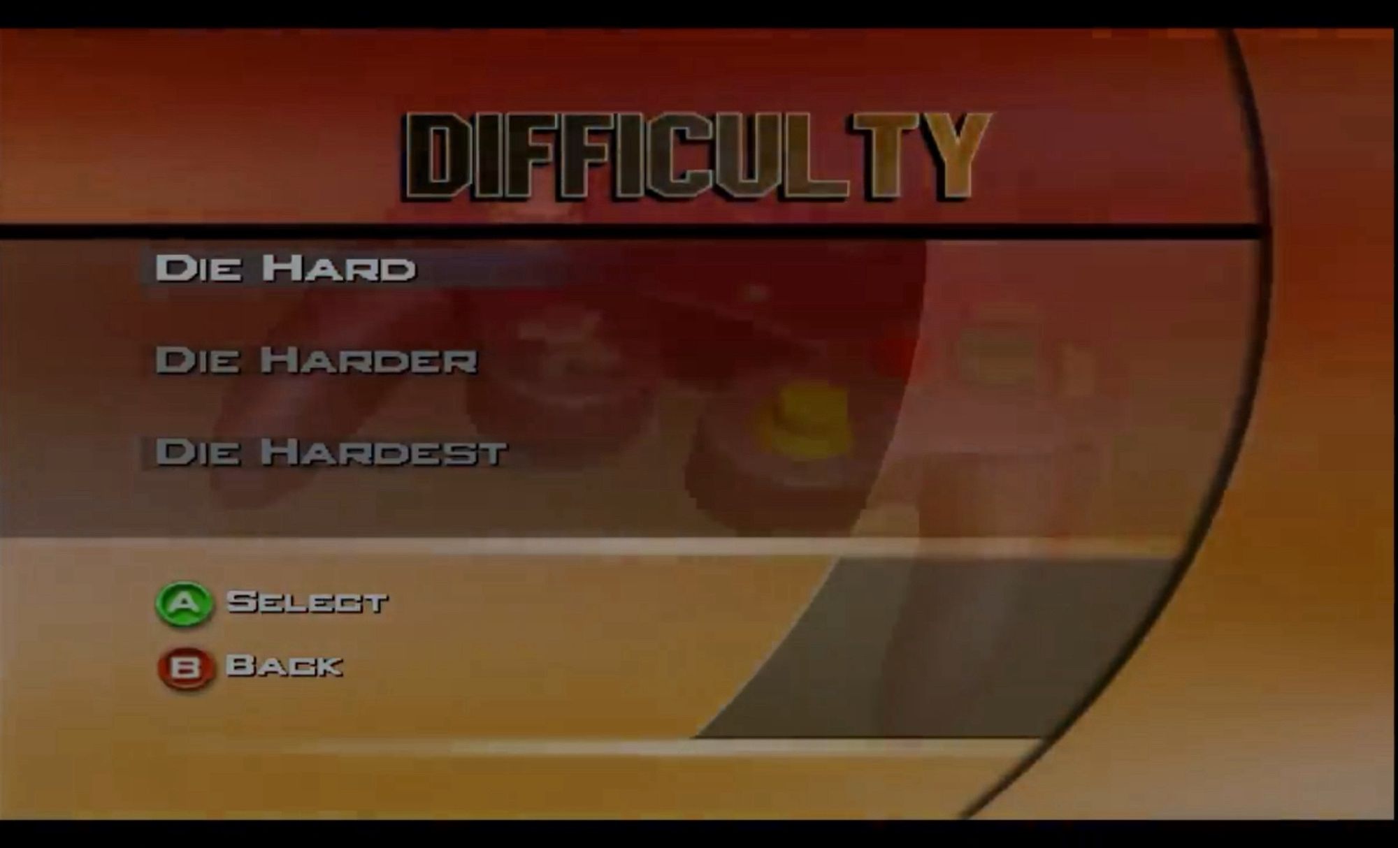 Difficulty select screen for Die Hard: Vendetta on Gamecube