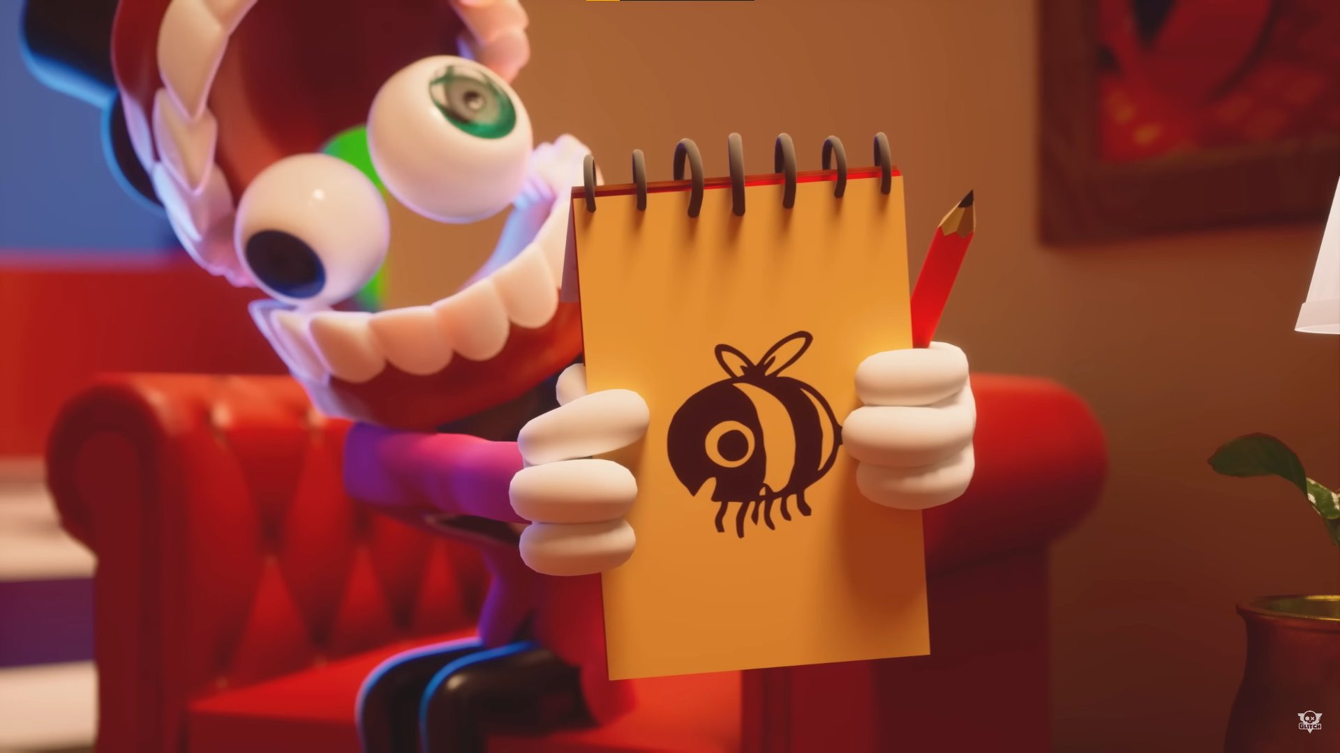 A screenshot from Episode 3 of Digital Circus where Caine (who is an AI character in the show) draws art of a bee