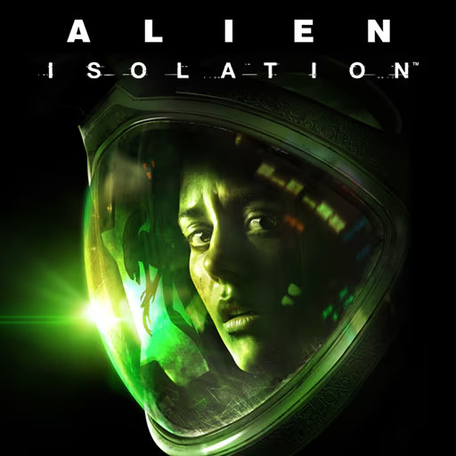 A cover of the video game "Alien Isolation," showcasing a woman in a space suit with a fearful expression, tinted green, with the reflection of a Xenomorph visible in her visor.