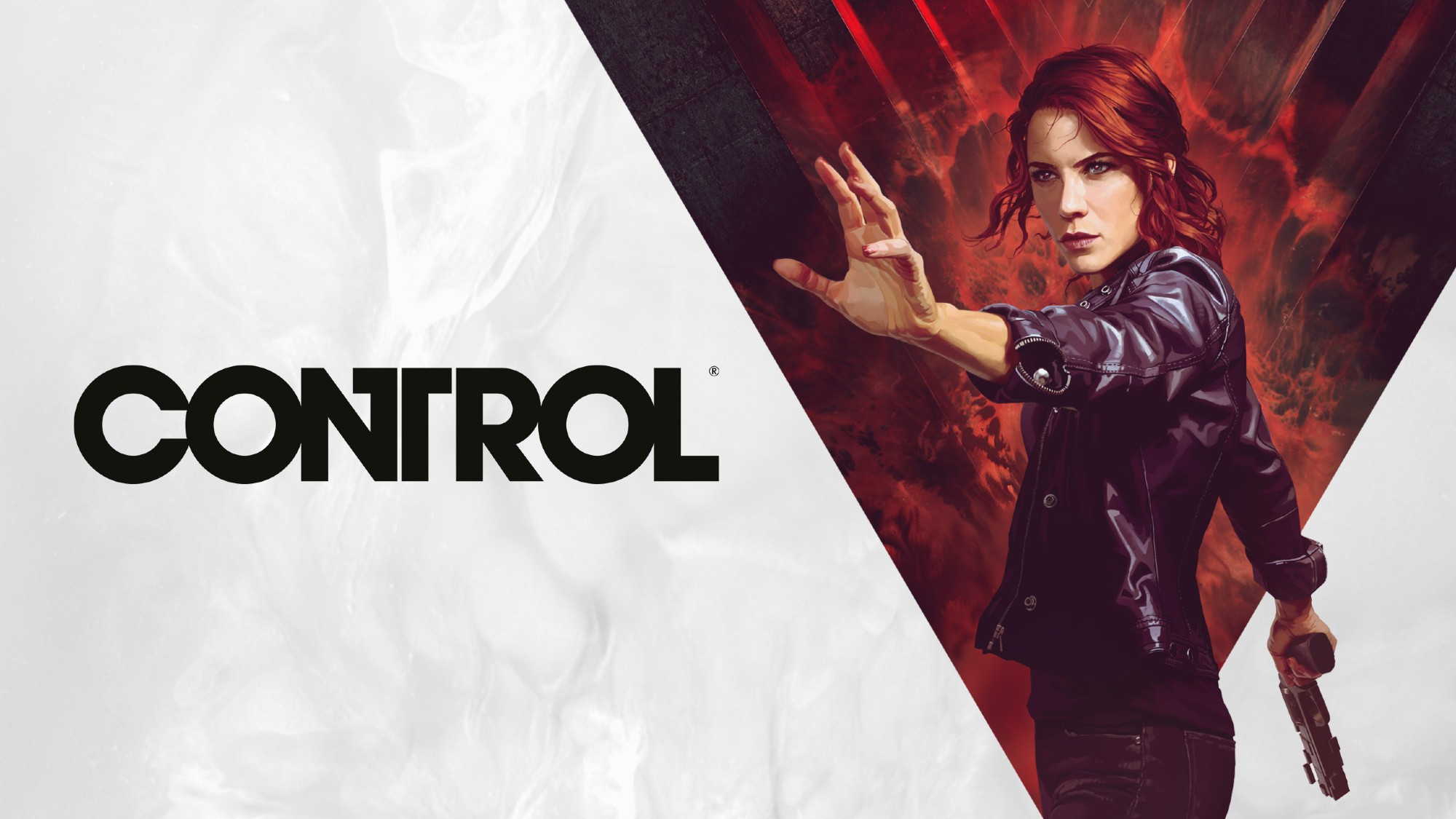 A cover of the video game Control, with the logo on the left featuring a white background. On the right side is Jesse Faden, a red-haired woman in a black leather jacket, holding an open hand outward to the foreground, gripping a pistol in her other hand, with the image of a black and red upside down pyramid behind her against the white background.