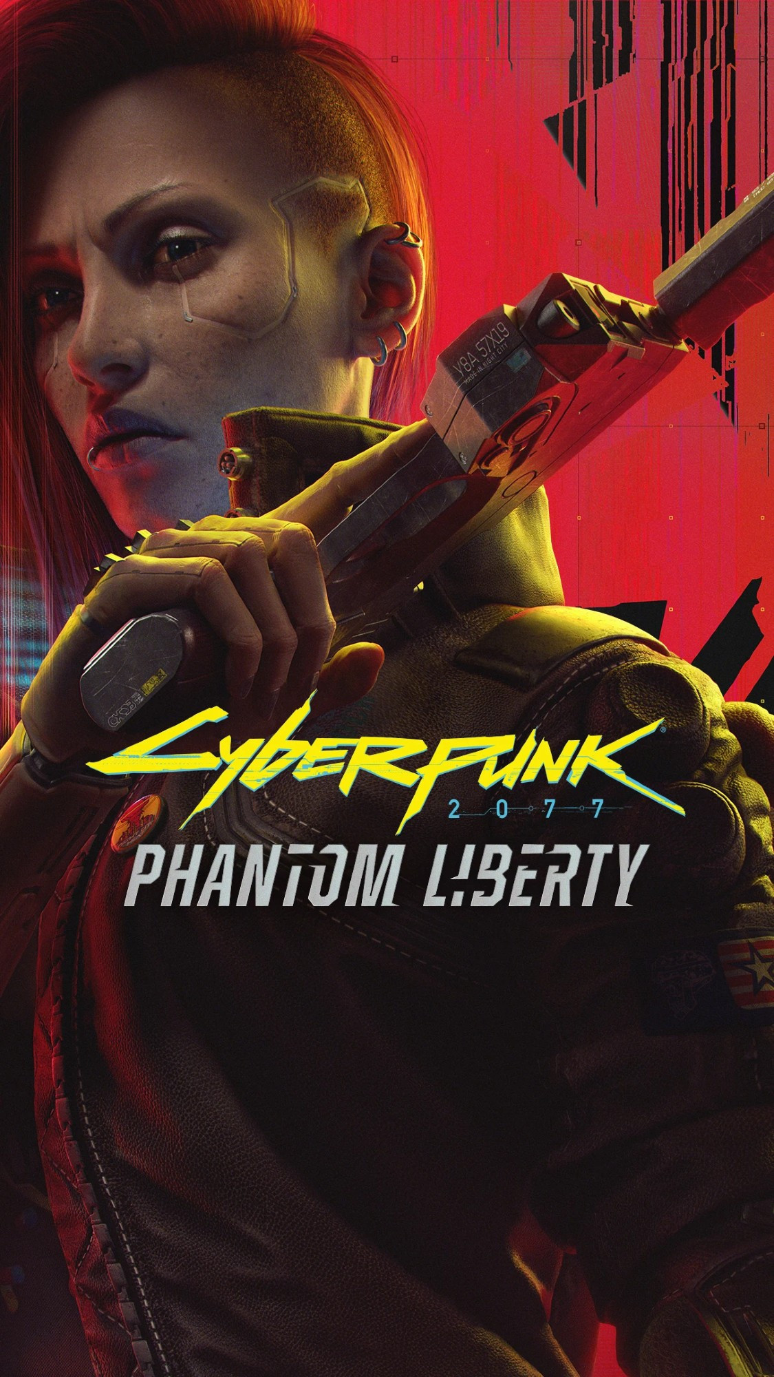 A cover of the video game Cyberpunk 2077, specifically the Phantom Liberty cover, featuring the feminine version of V, with long red-hair, one side of her head shaved. She's looking at the camera while holding a pistol with a silencer across her chest, a stern expression on her face.