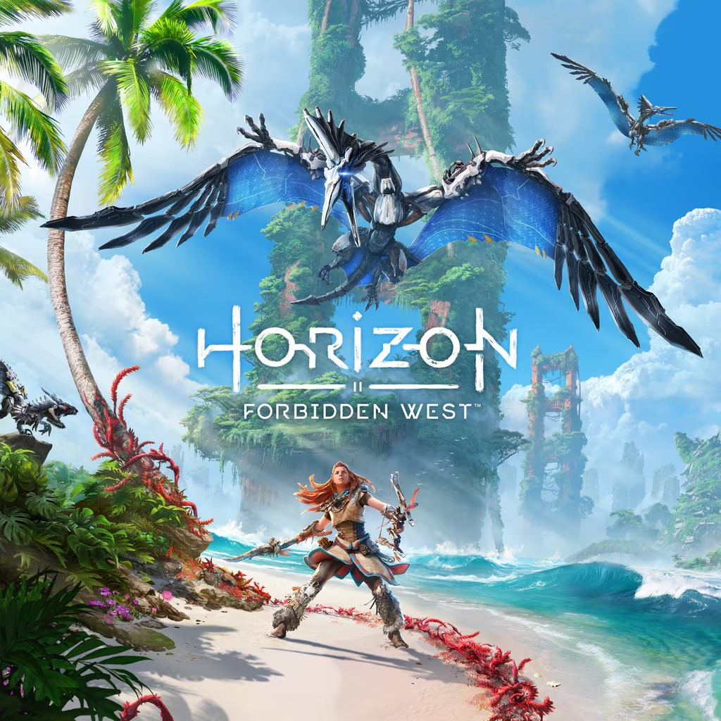 A cover of the video game Horizon Forbidden West, showing Aloy on the cover, a red-haired woman with a bow and spear on the beach of a beautiful, vibrant beach, with a mechanical analog of a pterodactyl above them, wings spread and screeching down at them. In the background are vast bridge columns covered in greenery, overgrown with vegetation.