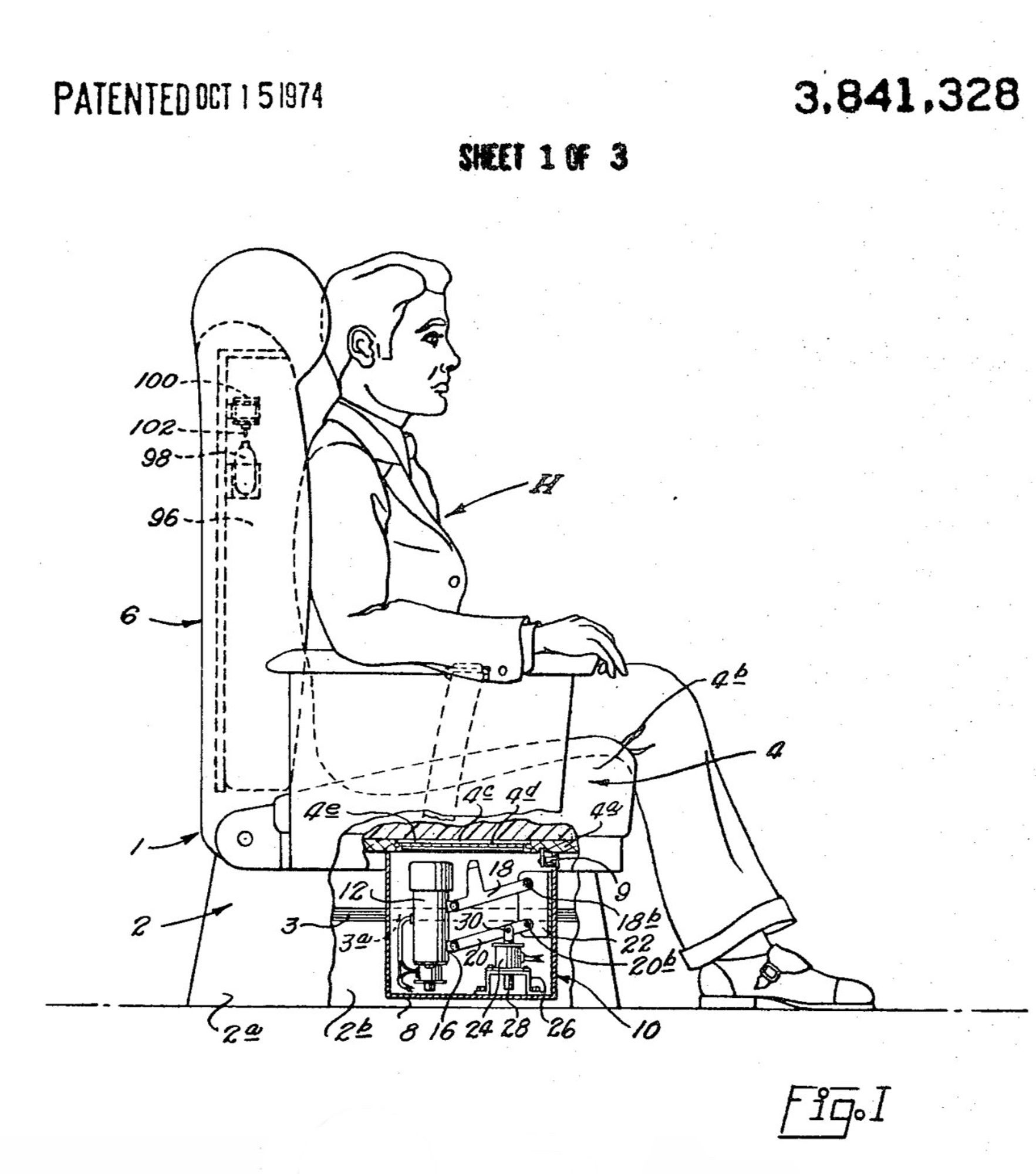 black and white patent art. PATENTED OCT 15 1974” stamped on the top, and “SHEET 1 of 3” and “3,841,328” printed alongside. The line drawing (“Fig I”) is a side view of a smartly-dressed man from the 1970s sitting in an airliner seat. various sections are cutaway, to hi-light various features of the patent. various parts of the drawing are numbered and lettered. the main focus is a square area under the passenger, with various moving parts, including a vertical cylinder