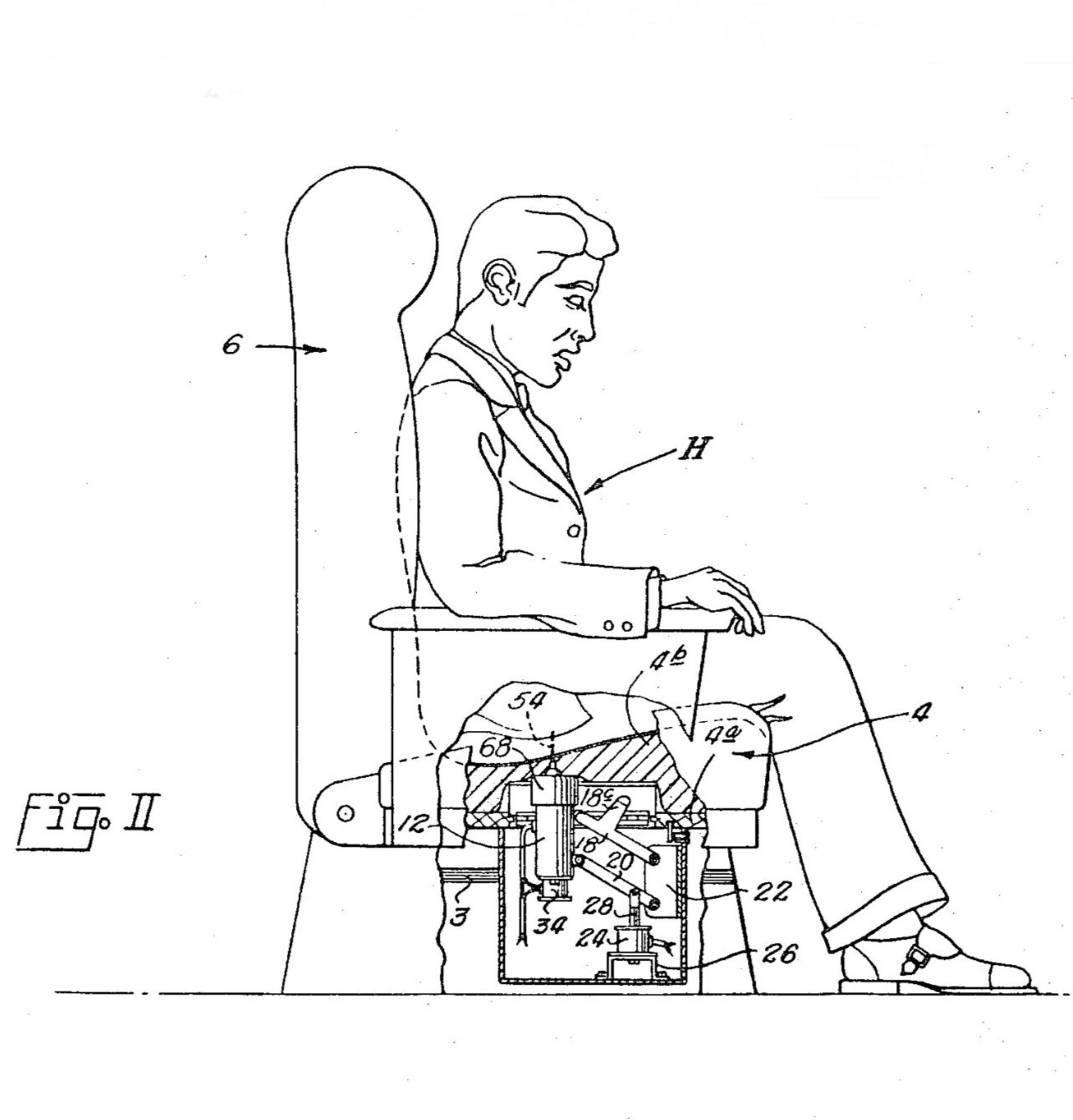 “Fig II” - the accompanying drawing to the first, showing fewer numbered features, but more importantly now showing the gentleman slumped slightly down, somewhat distressed, mouth open. we see now that cylinder under him contained the needle, and we can see that all the surrounding parts have moved in order to lift the needle into his ass/bottom/tushy