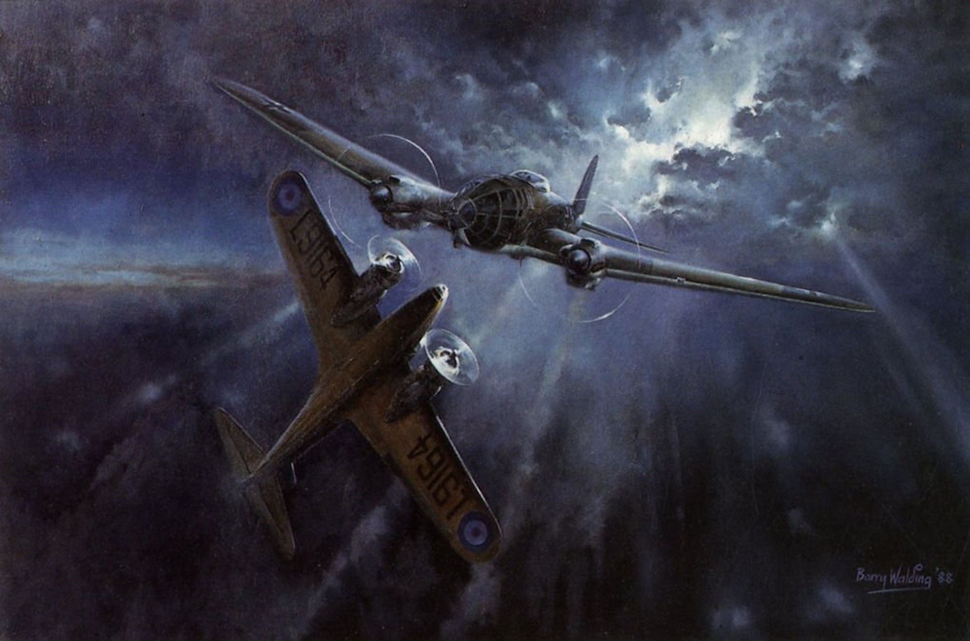 the painting is very dramatic. a He 111 is flying towards us, framed against a cold blue/grey cloudscape. several beams of light from the ground illuminate the cloud behind the bomber (I assume this is what we are seeing, rather than a very bright moon?). in the distance we see the dawn or dusk of the horizon. we also, crucially, see an Avro Anson about to impact the bomber from below, with yellow underside and propellers glinting in the light.