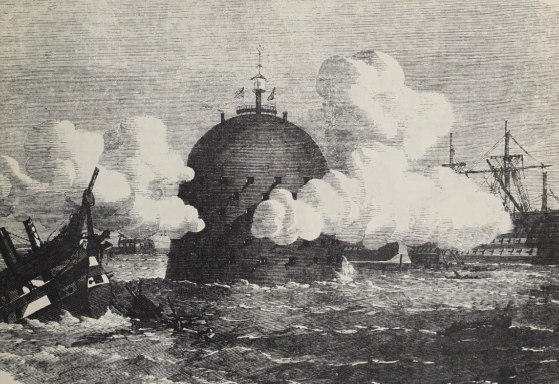 old black and white book illustration. an iron dome protrudes high above the water, covered in dozens of square holes. cannons  seem to protruding from most of these, and several puffs of smoke indicate them being fired. in the foreground, we can see a warship in the process of sinking, and another in the background. on the top of the dome, we see a miniature lighthouse, chimneys, and Union Jack flags 