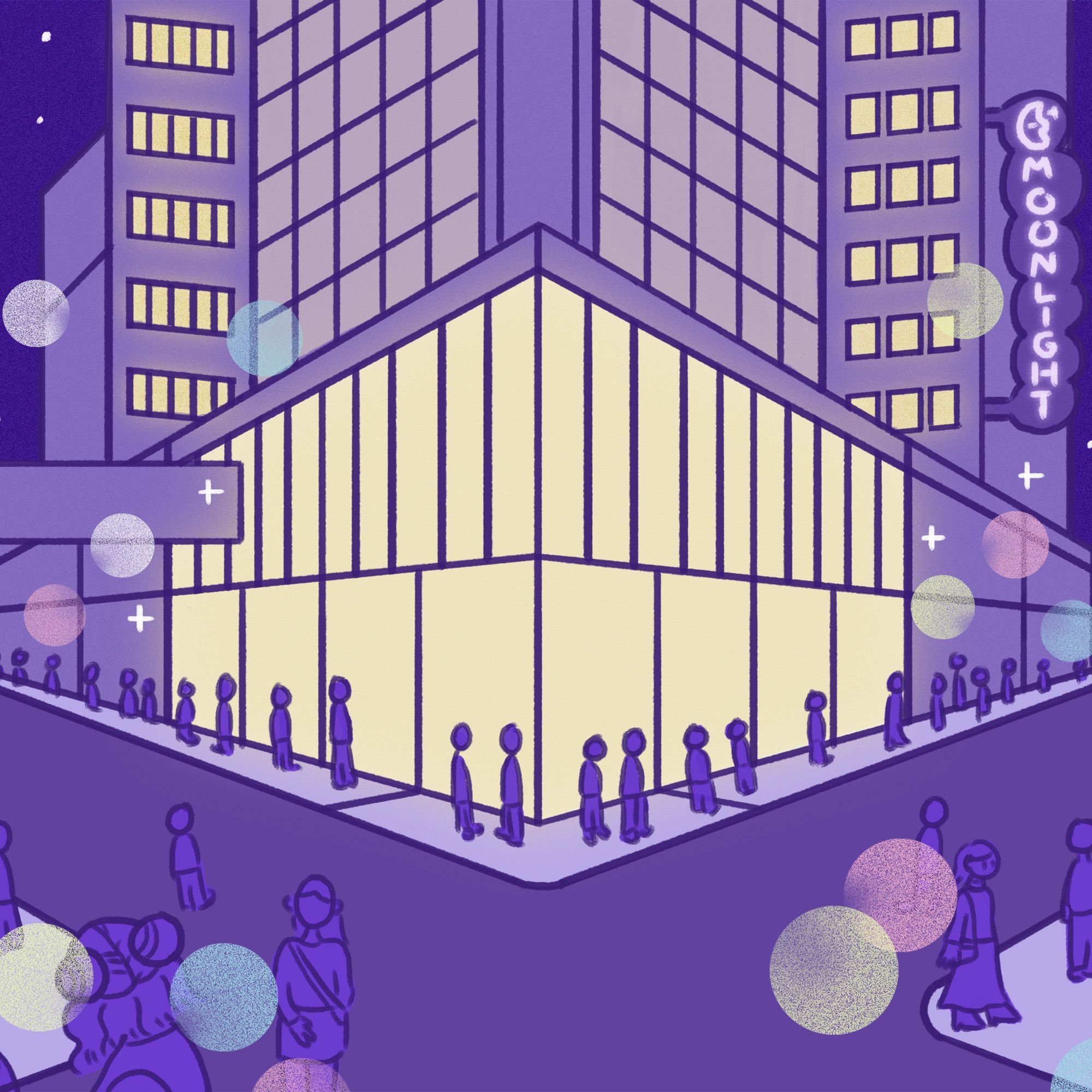 a drawing of a purple hued downtown at night, with colorful bokeh and people walking around