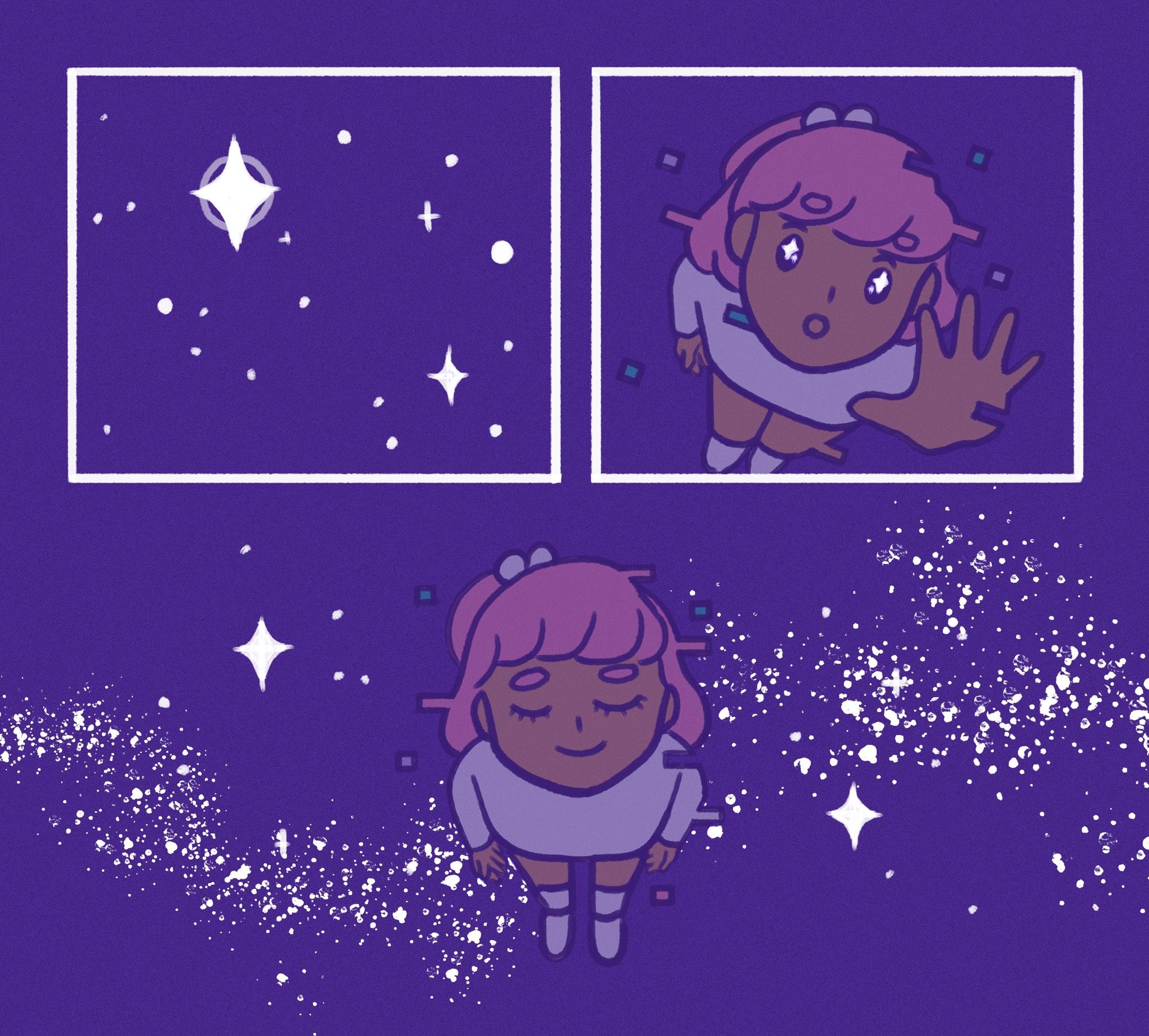 a comics page with a panel of a pink haired girl reaching up at the stars with stars in her eyes, then a panel of her closing her eyes surrounded by the universe. in both panels she is glitching.