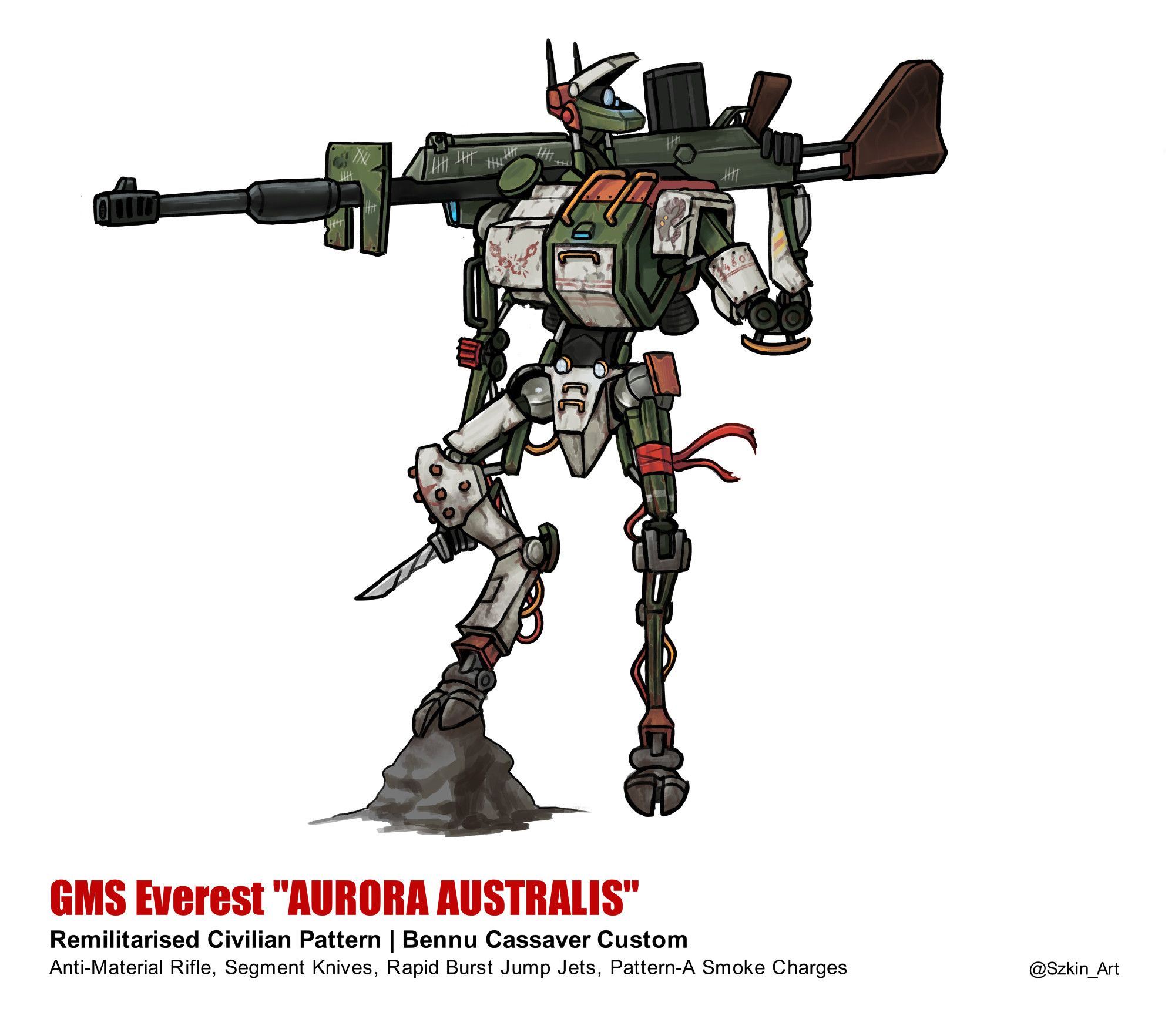 Predecessor of the Vox Populi, the GMS Everest Aurora Australis. Carries the same AMR with slightly fewer kill marks, and has a more skeletal, mechanical frame, with lots of mismatched and assymetric parts.