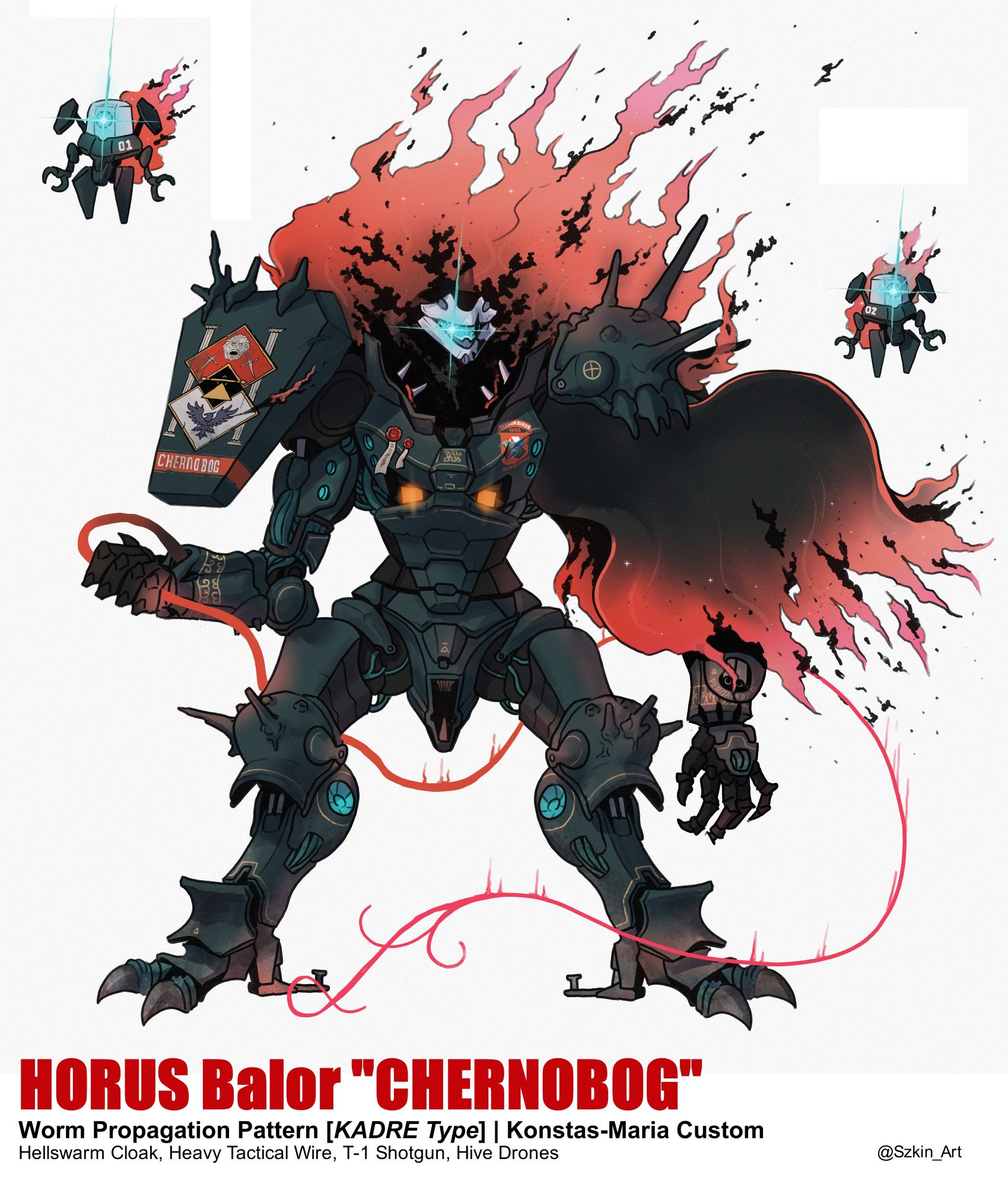 A digital illustration of a mech for the Lancer tabletop RPG. It is entirely black, with a skulllike face, a swarm of nanites pouring from its head and cloak, and it is armed with a long, multitailed whip. Two drones hover on either side of it. The text on the image reads "Horus Balor "Chernobog", Worm Propagation Pattern KADRE Type, Konstas-Maria Custom". Equipment is listed under the title: "Hellswarm Cloak, Heavy Tactical Wire, T-1 Shotgun, Hive Drones"