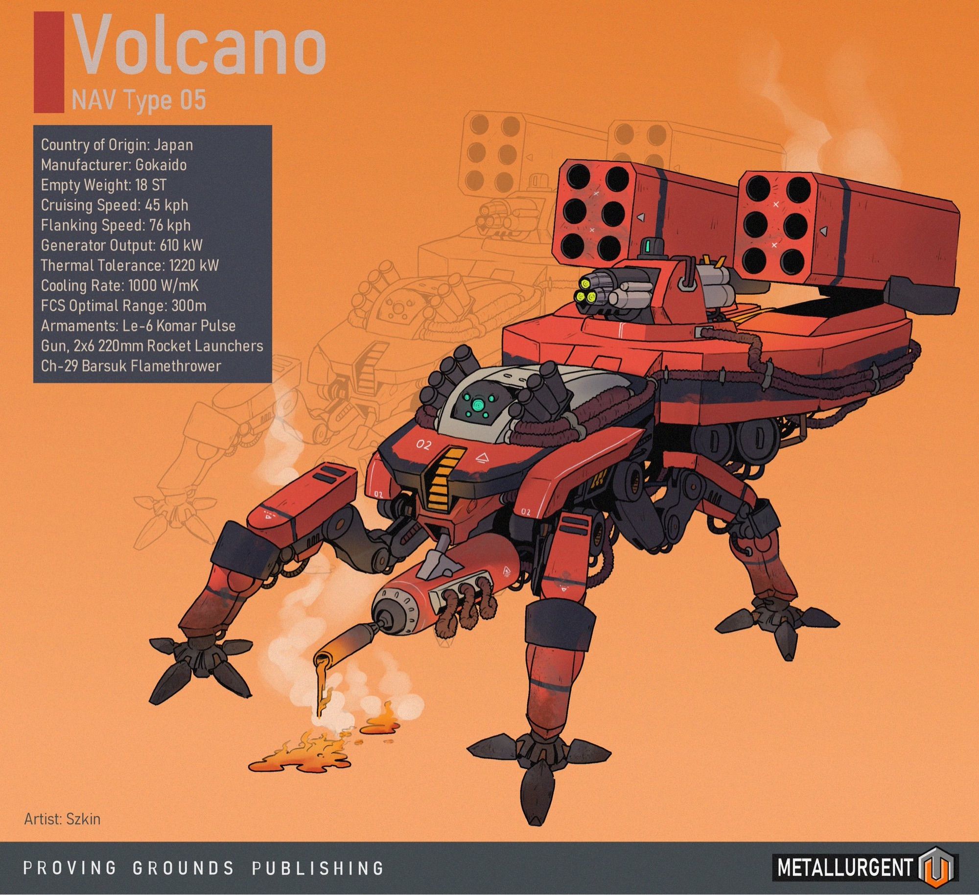 A digital illustration of a spider mech for the game Metallurgent. It has four legs and is painted bright orange with black accents. It has an underslung flamethrower where the mandibles would be, while its abdomen carries a laser turret and two pods of thermobaric rockets.

The text in the image lists the mech’s name specifications:
NAV Type 05 Volcano
Country of Origin: Japan
Manufacturer: Gokaido
Empty Weight: 18 ST
Cruising Speed: 45 kph
Flanking Speed: 76 kph
Generator Output: 610 kW
Cooling Rate: 1000 W/mK
FCS optimal range: 300m
Armaments: Le-6 Komar Pulse Gun, 2x6 220mm Rocket Launchers, Ch-29 Barsuk Flamethrower