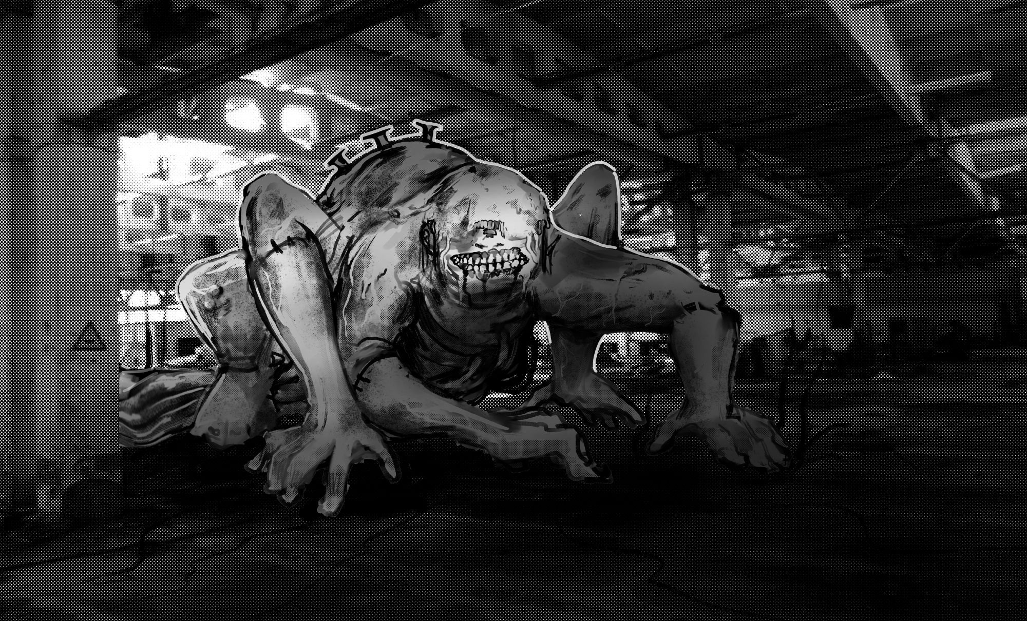 Digital mixed media, monochrome painting of a hexapedal humanoid monster painted into a photograph of a grungy industrial setting. It's limbs are grafted on at odd angles and its eyes are overgrown with rotting flesh. It smiles widely at you.