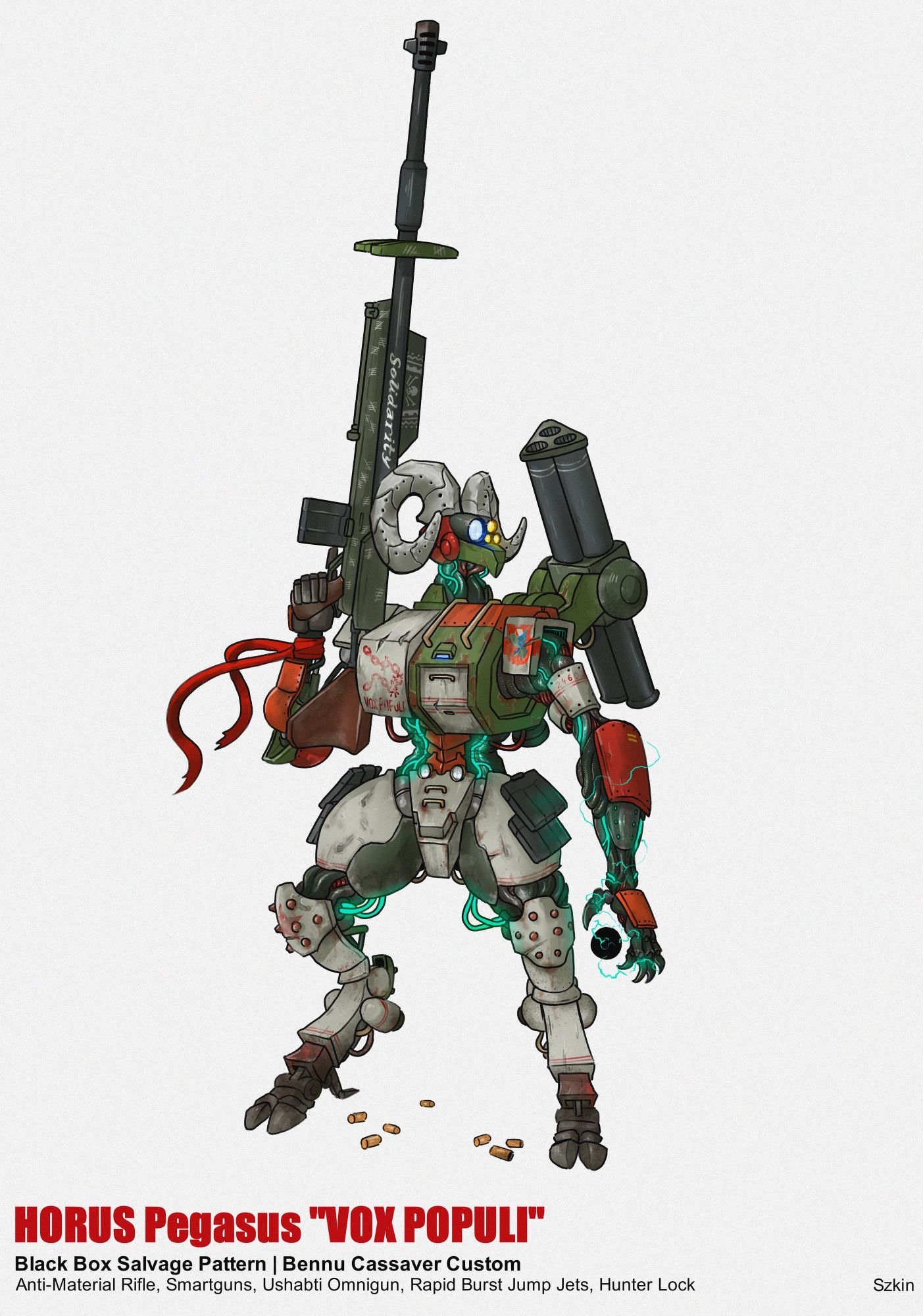 A digital illustration of a humanoid mech for the Lancer tabletop RPG. It has a design resembling a satyr, with goatlike feet and a horned head. It's body is heavily weathered, scorched and rusted, and it is covered with numerous mismatched armour panels. The mech's waist, neck and right arm beneath the scrap appear sleek and organic, with shiny chitinous surfaces, exposed synthetic muscle fibres and glowing blue circuitry. It's colourscheme is off-white, green, orange, red and black. The mech holds a huge sniper rifle in one arm, and a floating sphere of crackling dark energy in another.

The text on the image reads "Horus Pegasus Vox Populi, Black Box Salvage Patterm, Bennu Cassaver Custom". Equipment is listed under the title: "Anti-Material Rifle, Smartguns, Ushabti Omnigun, Rapid Burst Jump Jets, Hunter Lock"