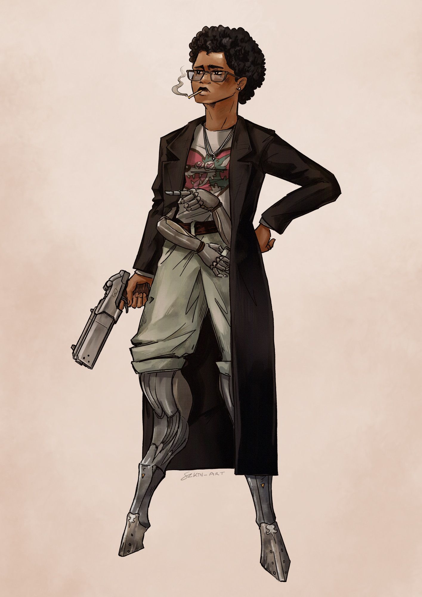 Fullbody digital artwork of a dark-skinned woman with an afro, dressed in a longcoat, graphic tee and cargo shorts. She has cybernetic legs and a second set of mechanical arms in addition to her organic ones. She is holding a pistol at her side while calmly smoking a cigarette.