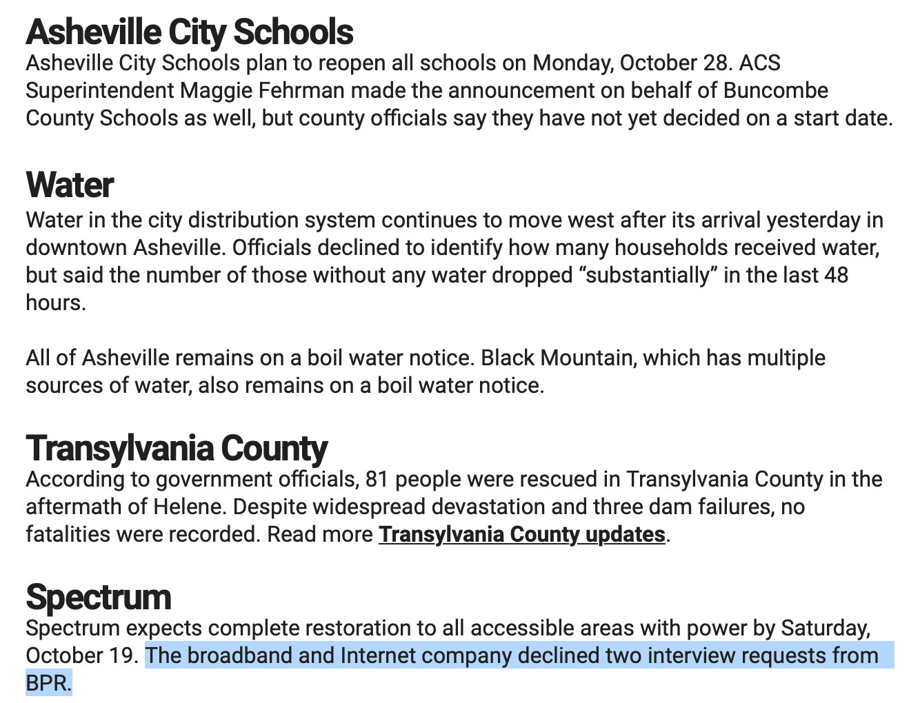 Text from the Blue Ridge Public Radio storm recovery email update for Oct 15. Included is a skeletal update on the region's major internet provider, Spectrum, reading: "Spectrum expects complete restoration to all accessible areas with power by Saturday October 19 [3 weeks after the storm]. The broadband and internet company declined two interview requests from BPR."