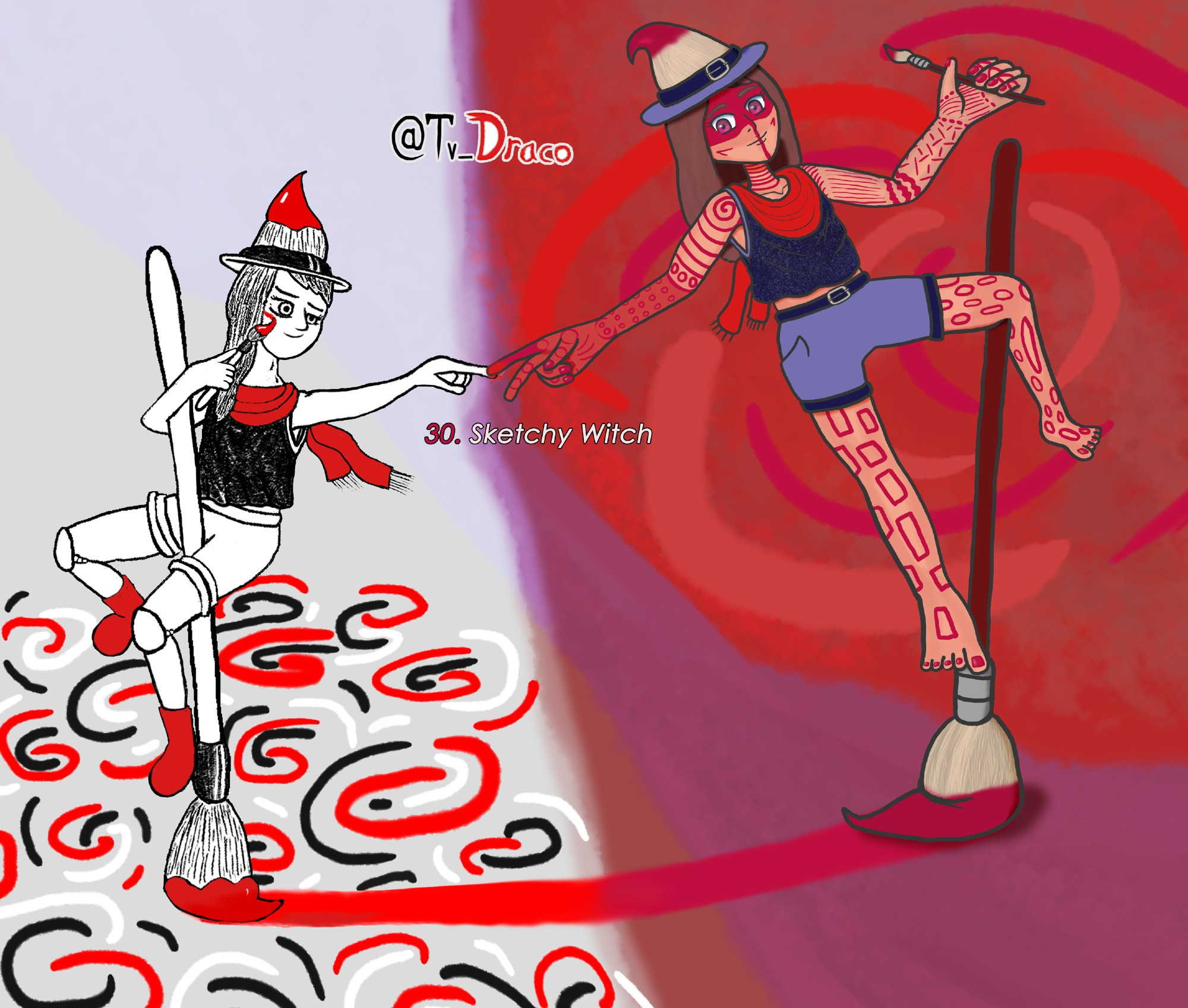 Sketchy Witch is a redraw of Art Witch and both are together in The Creation of Adam pose.  Left Art Witch is on a vertical brush broom, legs and right arm wrapped around it with left arm outstretched for the TCoA pose. Black and white with red splashes. Brush witch hat with red paint, red scarf, black crop top, white shorts, white knee pads, and red boots. Brush wand in right hand is painting red beneath the eye. below there are red white and black spirals. Right Sketchy Witch is very similar. Left leg is gripping vertical brush broom with right foot resting on the metal bit.  Right arm is out to meet Art Witch's left for the TCoA pose while the left is out holding the brush wand. The brush wand had clearly finished painting Sketchy Witch with red lines all over.  Red nails + no boots because Draco's not sure you can do this pose with shoes. Dark blue crop top and blue shorts plus a blue brim on the brush hat.  Brown hair and pinkish eyes. swipes of red behind make a rose