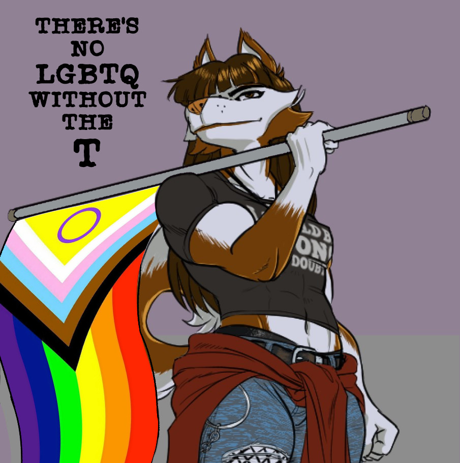 Ericka looks defiantly into the distance with a grin. She wears a dark t-shirt and tight ripped jeans over fishnets, with a dark red hoodie tied around her waist. She carries a Progress Pride flag, resting the flagpole over her right shoulder so the flag cascades down behind her. A caption above and to the left of her reads "There's no LGBTQ without the T".