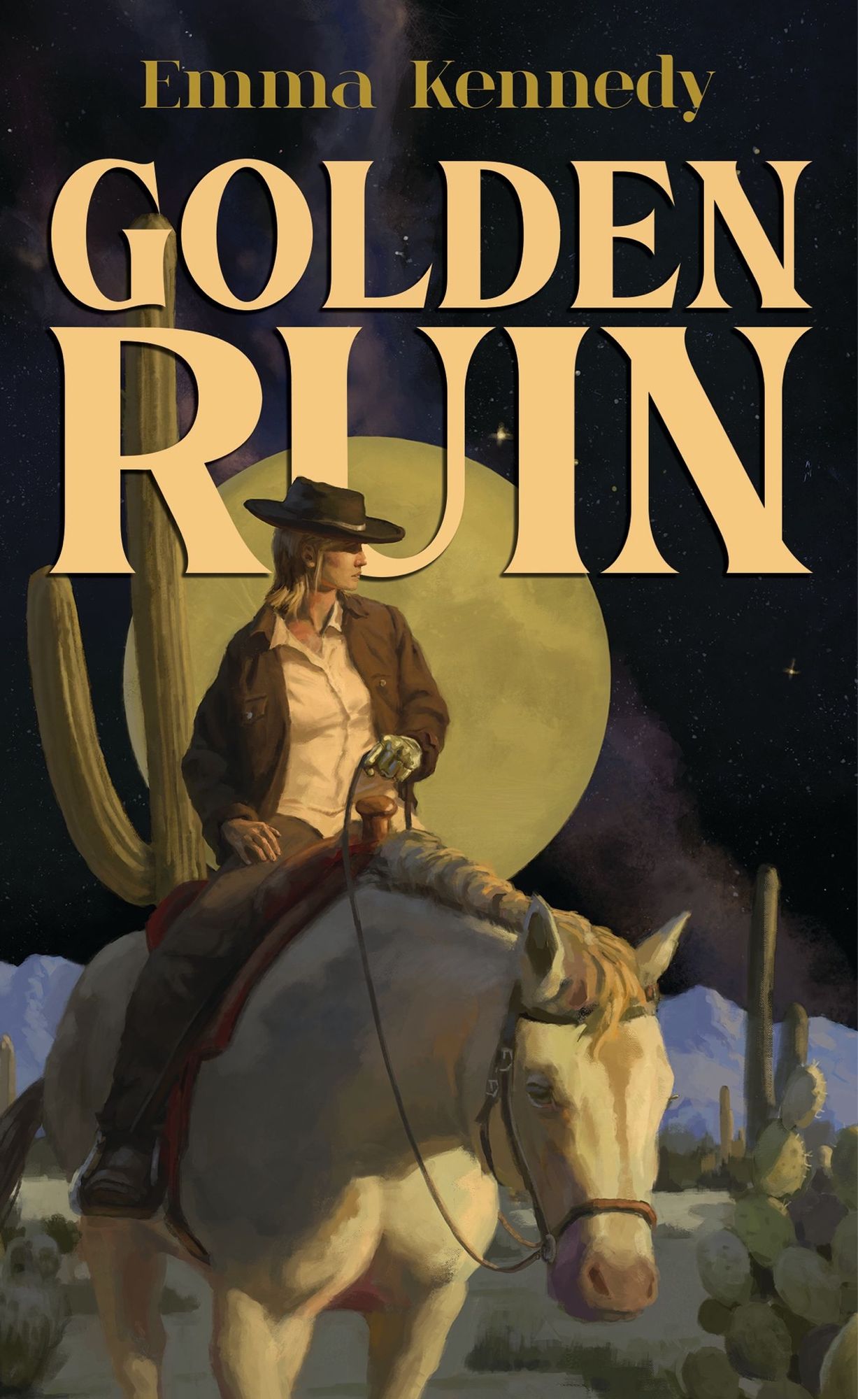 cover of the book Golden Ruin by Emma Kennedy featuring the main character Cassidy riding a horse in the desert with the full moon behind her